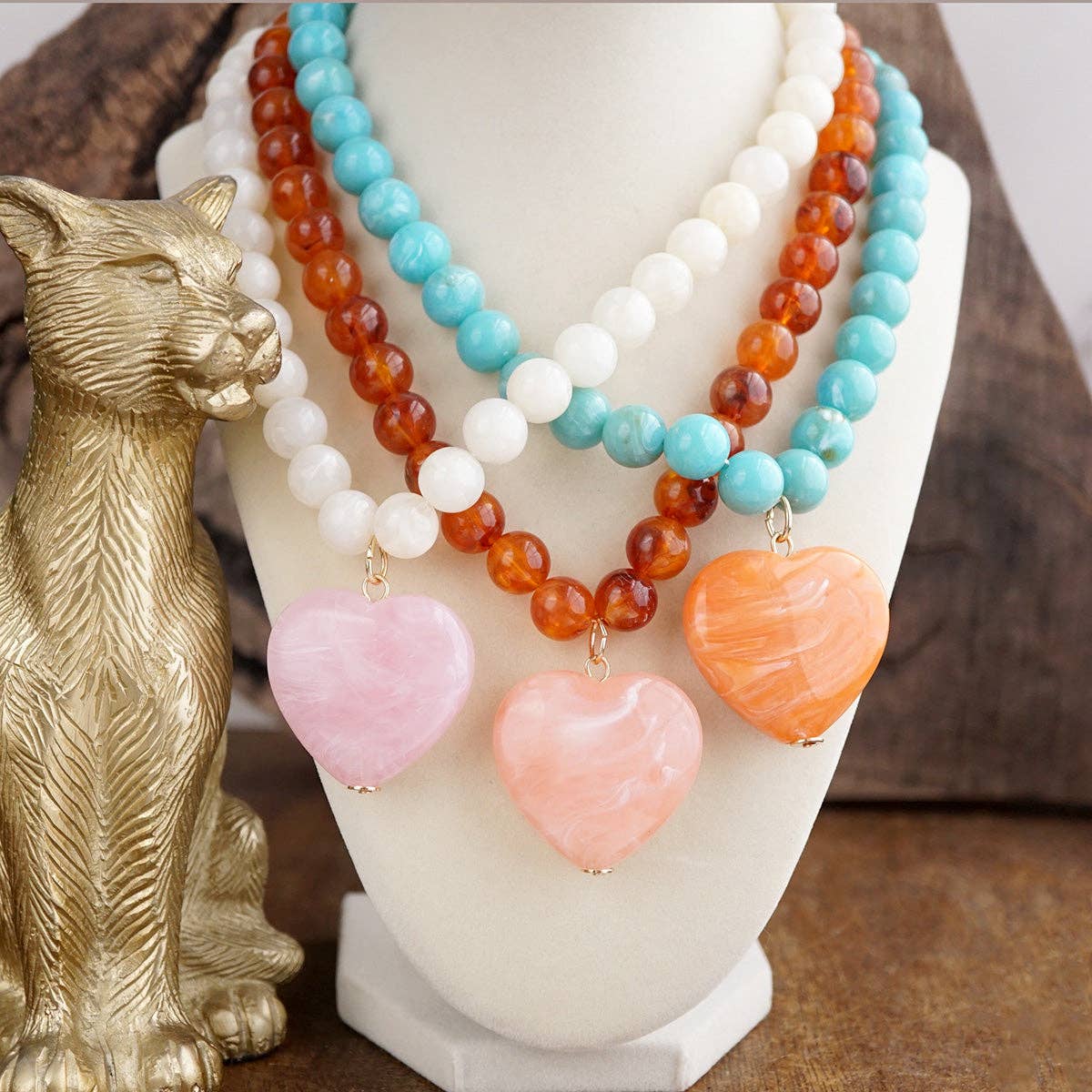 Chunky Statement Necklace – Chunky Beaded Heart Pendant Necklace: Turquoise