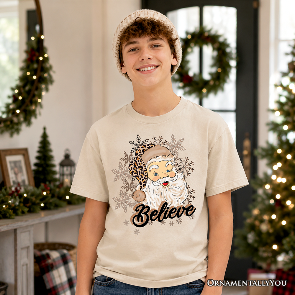 Kids Believe Santa Cheetah Leopard T-Shirt, Retro Christmas Youth Tee