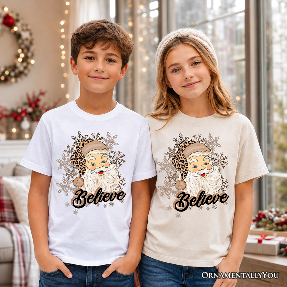 Kids Believe Santa Cheetah Leopard T-Shirt, Retro Christmas Youth Tee