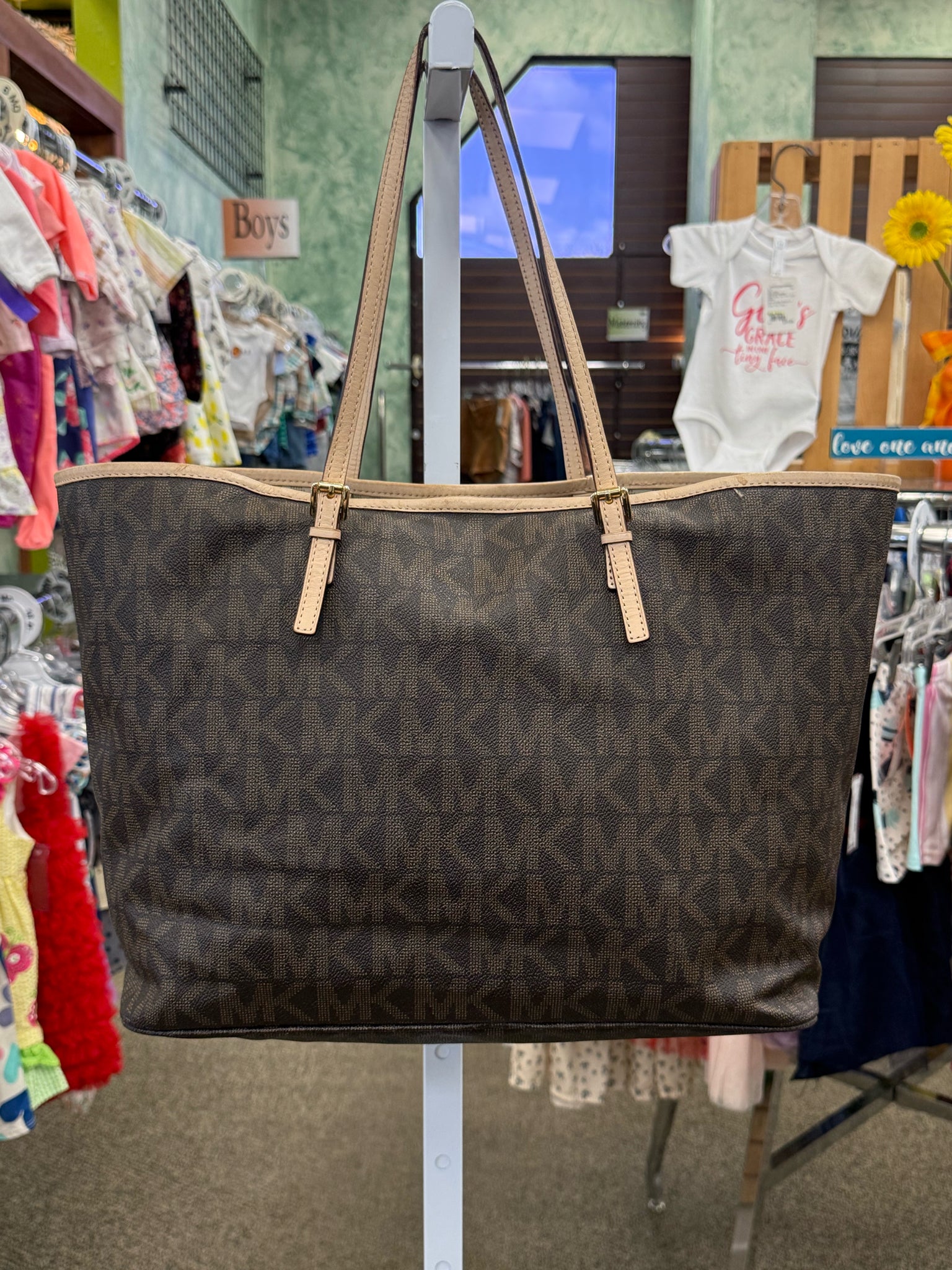 Pre-owned MICHAEL KORS Brown Signature Tan Tote Designer Purse