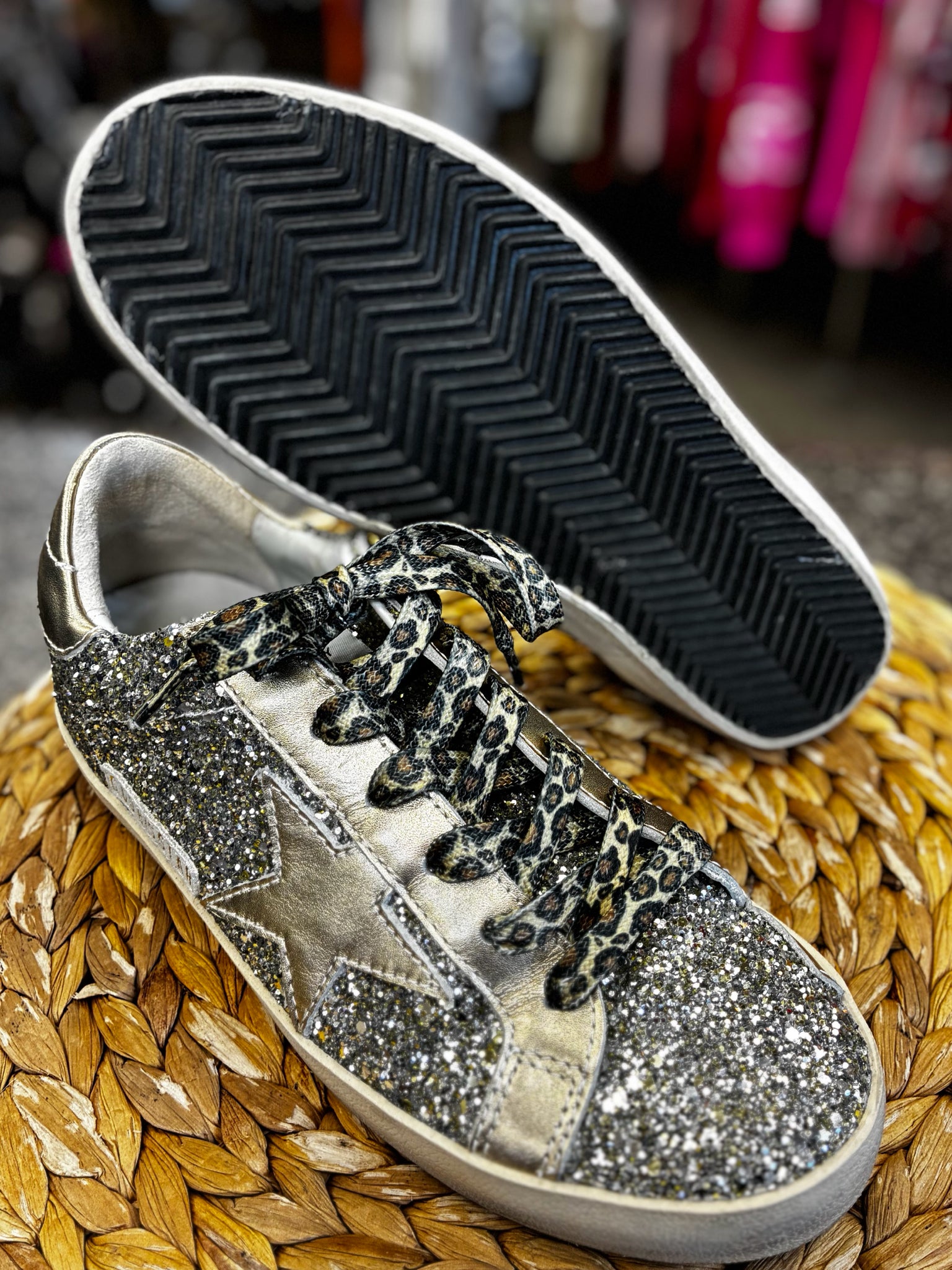 Pre-owned Golden Goose Silver sparkle Gold Trim Size 7.5 Designer Sneaker