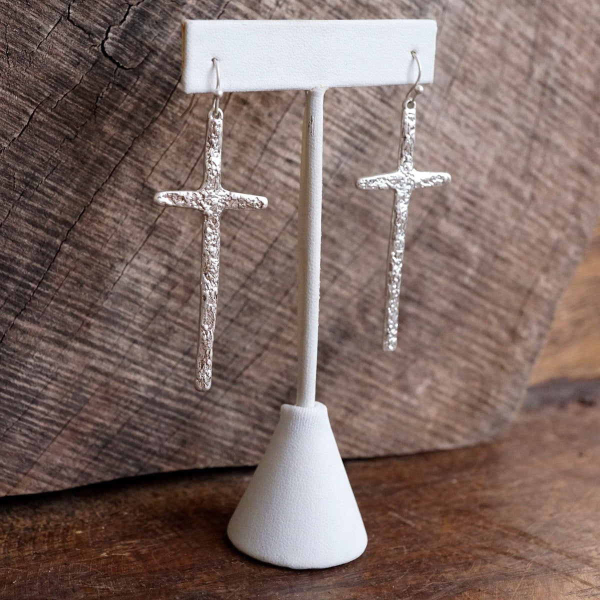 Primitive Cross Earrings Dangle Drop Gold Silver: Worn Silver Tone