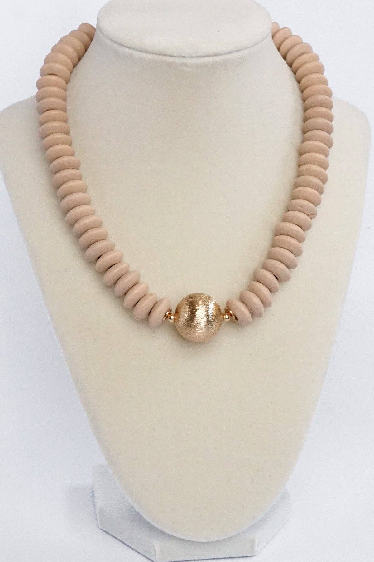 Wood Saucer Beads Short Statement Necklace Gold center Hot Pink Beige Turquoise: Black