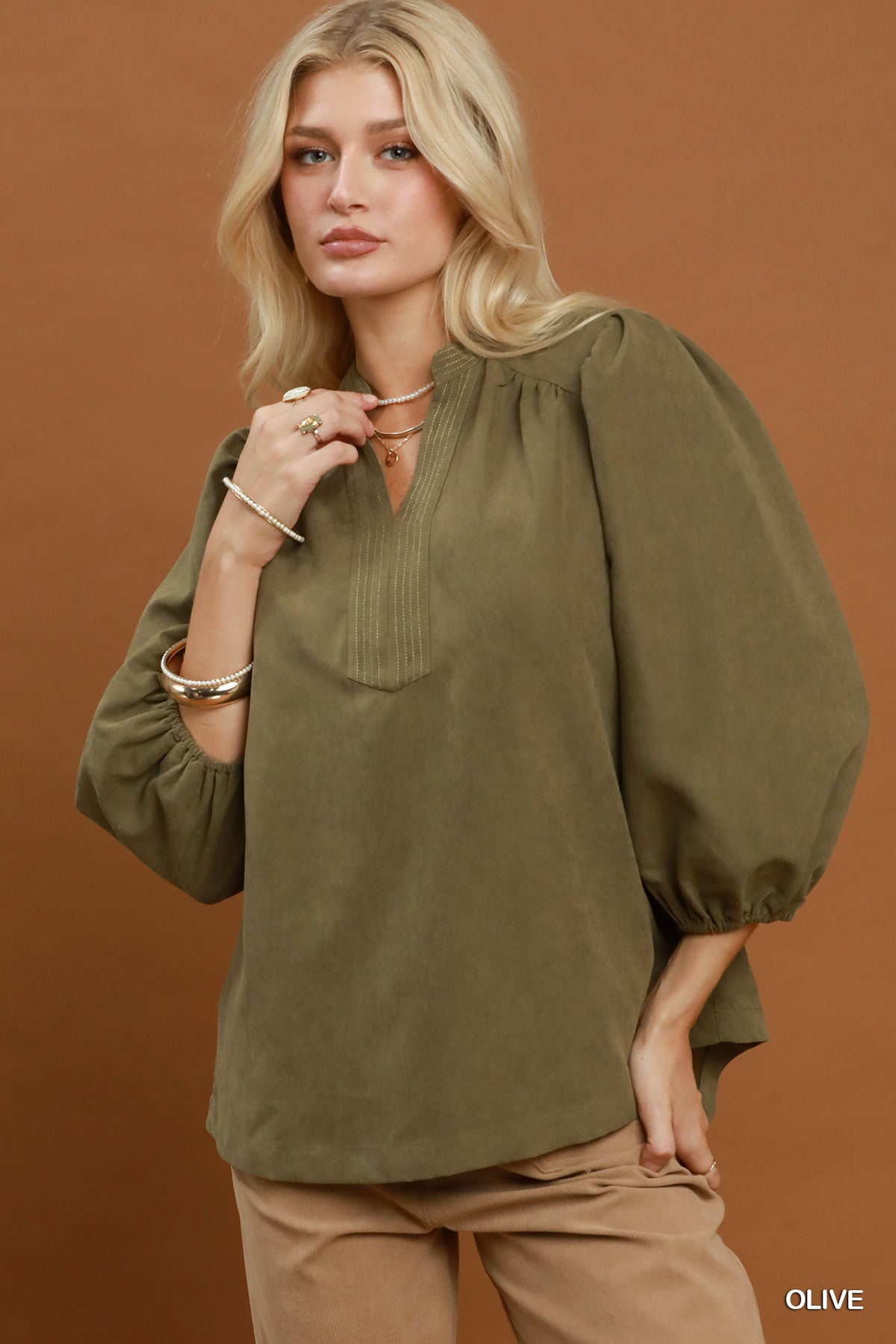 New UMGEE Olive Size: S Quarter Sleeve Blouse