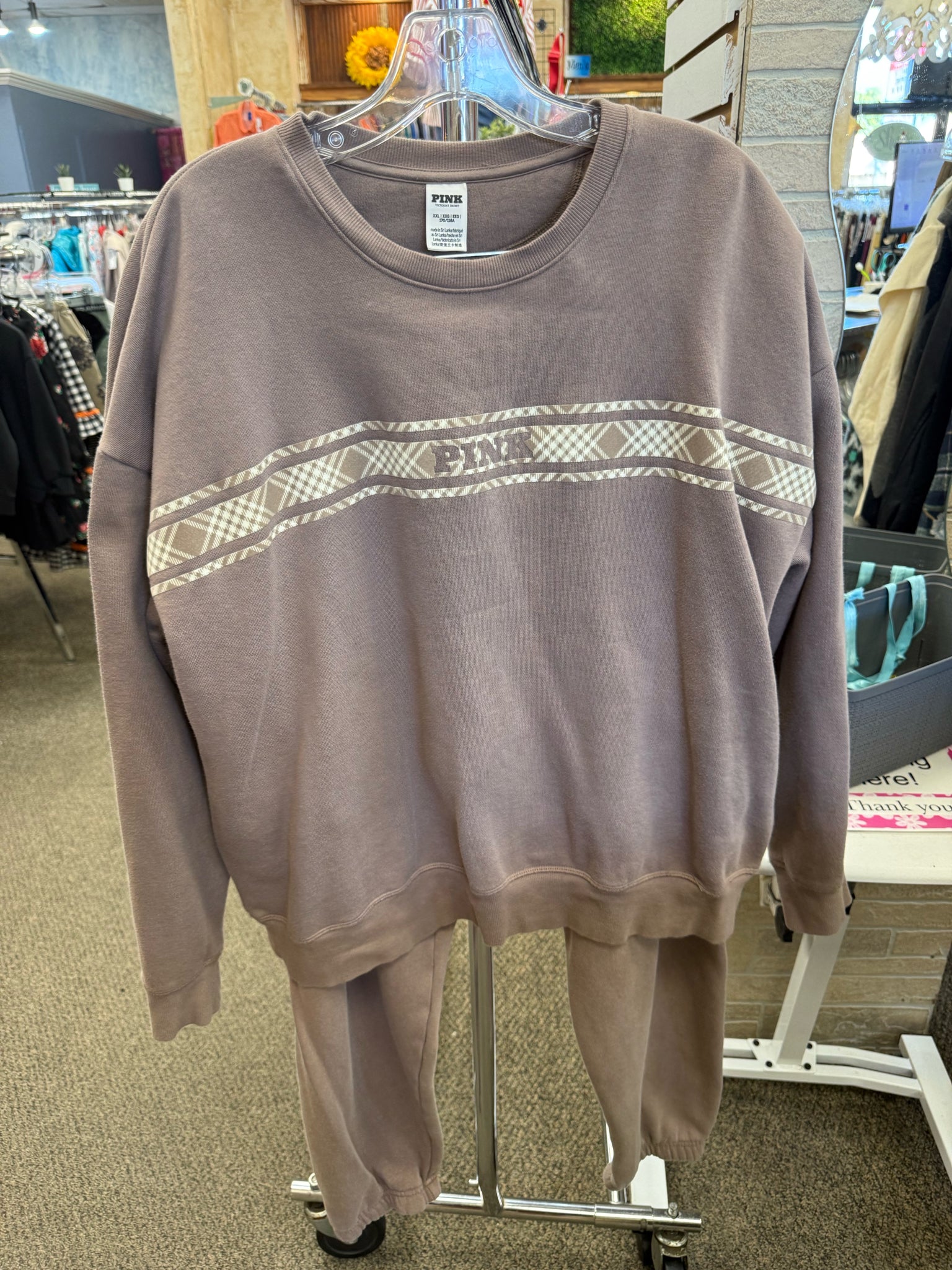 Pre-owned PINK Tan Cream Trim Dr Size 16 Long Sleeve PantSet