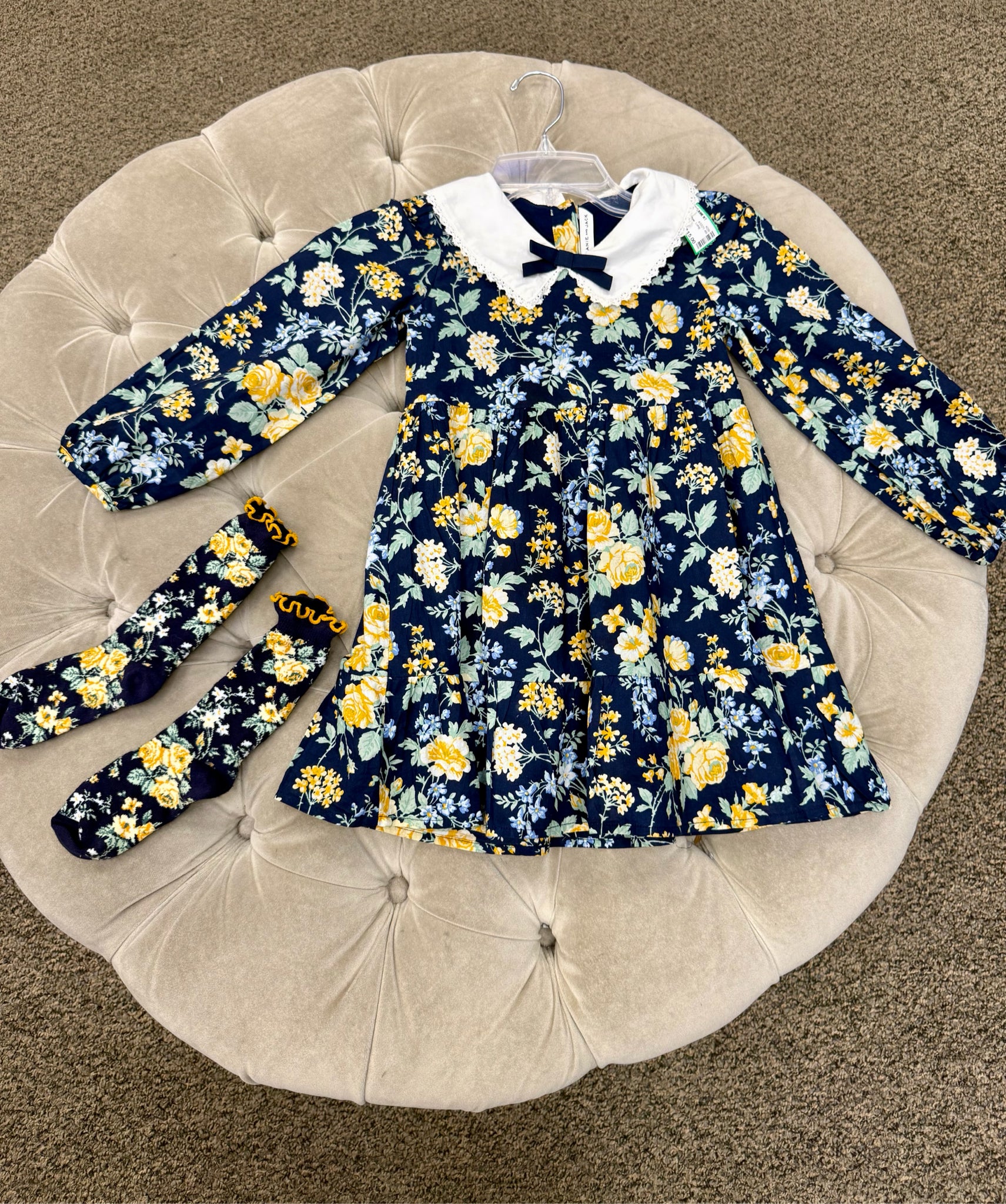 Pre-owned JANIE AND JACK Navy floral Yellow GIRLS SZ: 5 Long Sleeve Girls Dress