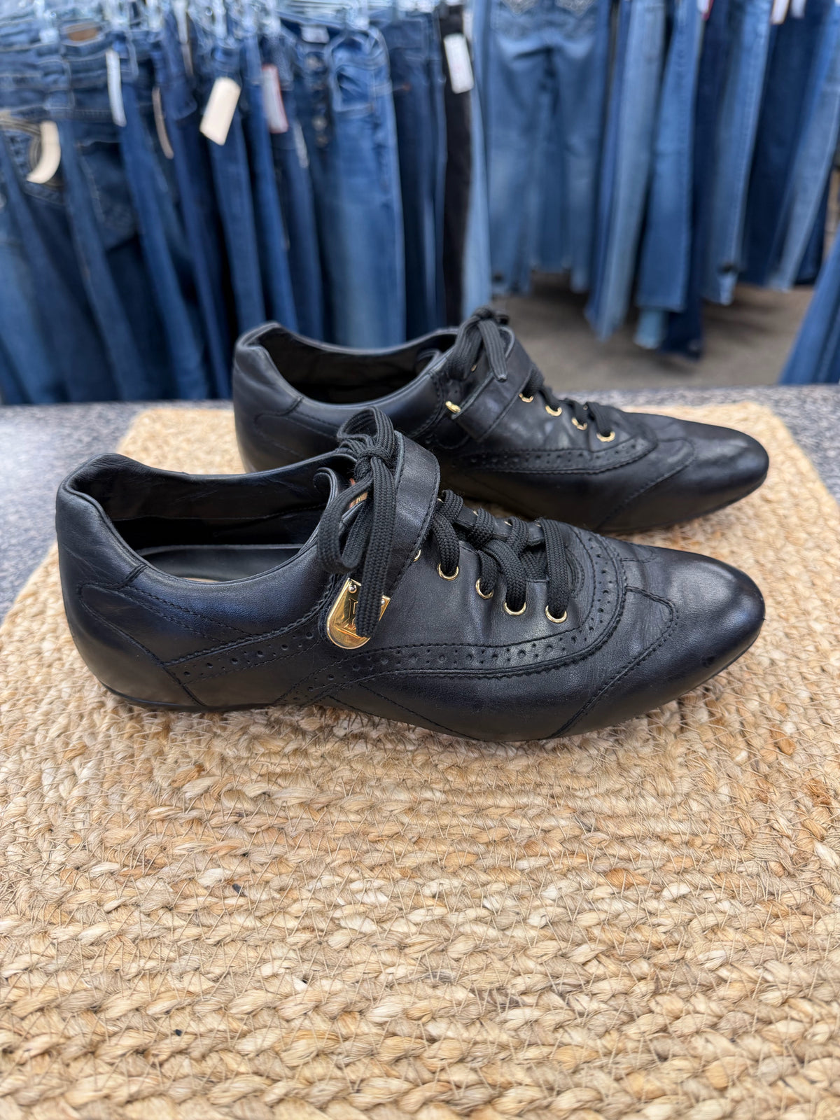 Pre-owned LOUIS VUITTON Black Gold Trim Size 6.5 Designer Sneaker