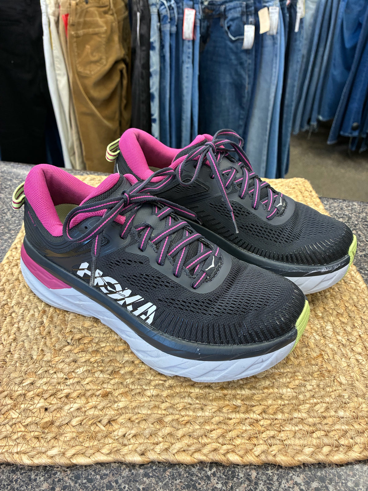 Pre-owned HOKA Black Purple Trim Size 7 Designer Sneaker