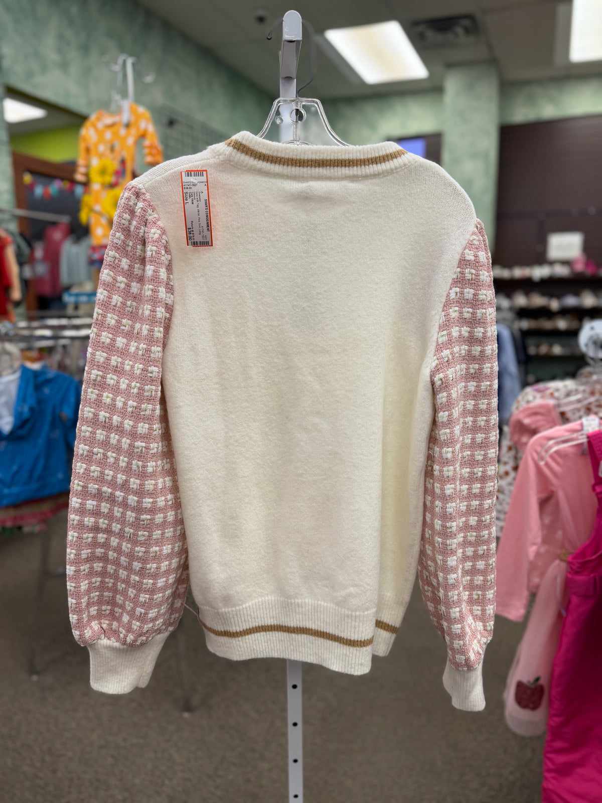 New with Tag THML White Pink Trim Size L Long Sleeve Sweater