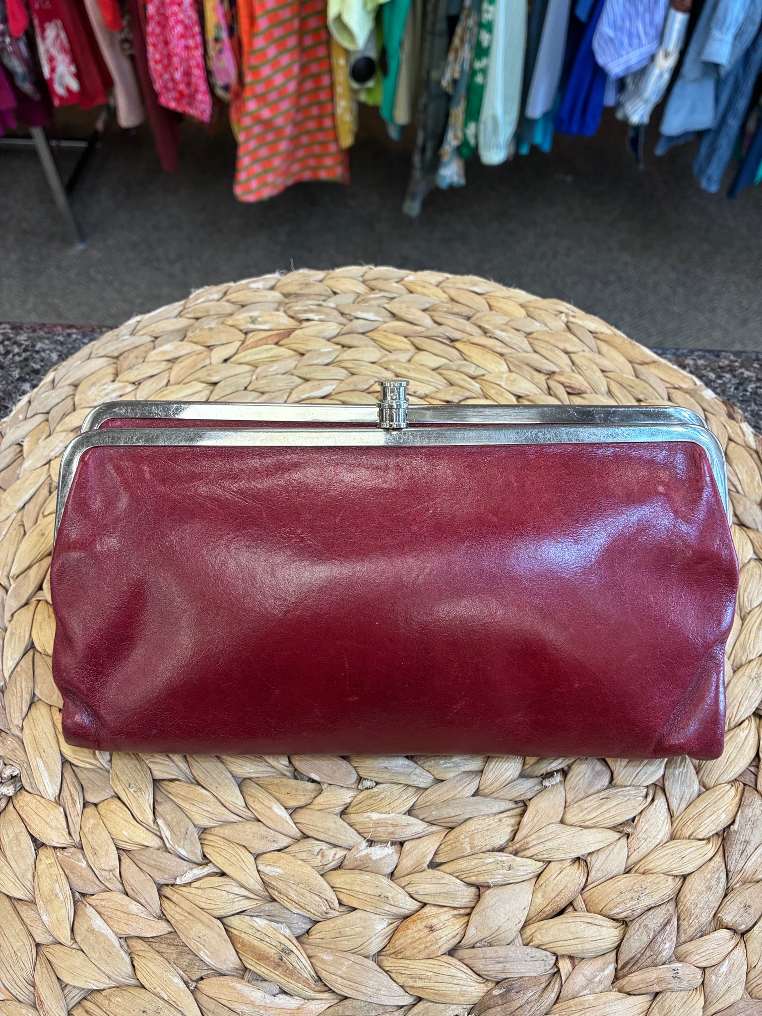 Pre-owned HOBO Red Silver Trim WALLET SIZE Small Designer Wallet