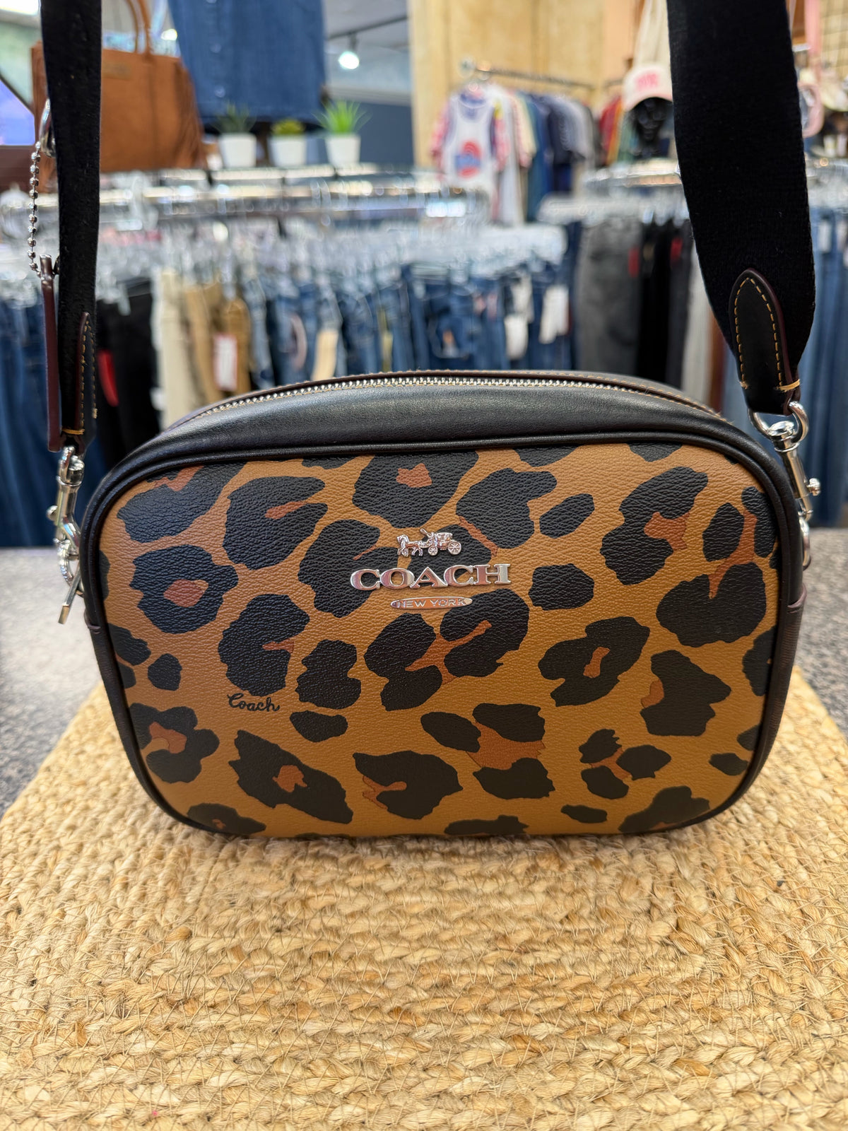 Pre-owned COACH Tan Leopard Black Trim Crossbody Designer Purse