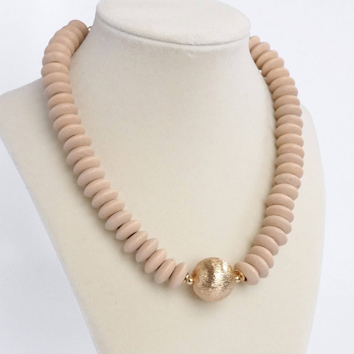 Wood Saucer Beads Short Statement Necklace Gold center Hot Pink Beige Turquoise: Black