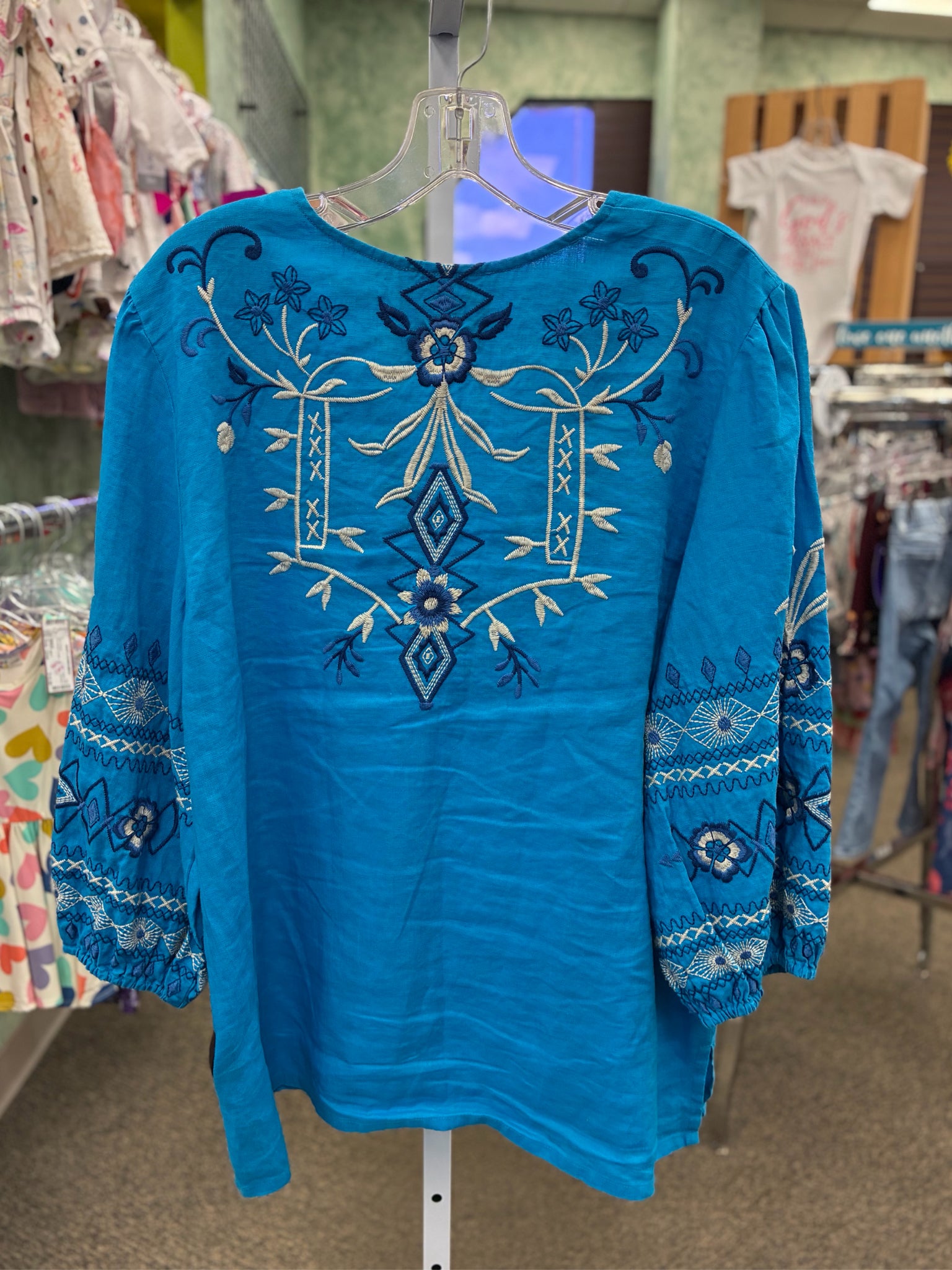 Pre-owned JOHNNY WAS Bright blue Cream Print Quarter Sleeve Designer Blouse