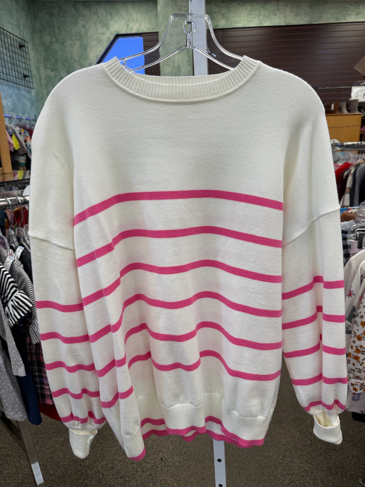 Pre-owned VINE & LOVE White Pink Stripe Size L Long Sleeve Sweater