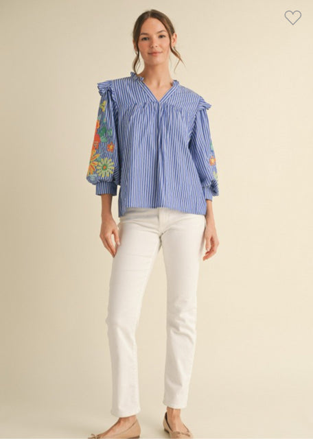 New JODIFL Blue pinstripe Multi Trim Size S Quarter Sleeve Blouse