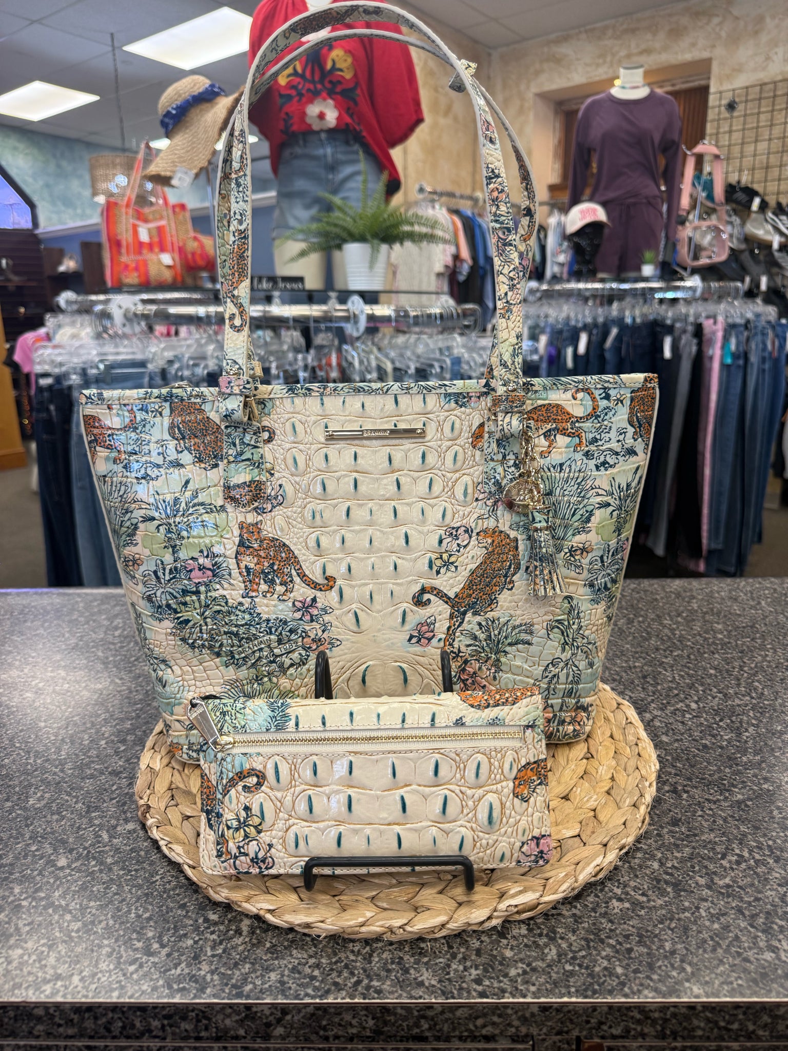 New with Tag BRAHMIN Cream Teal Print Designer Purse Set