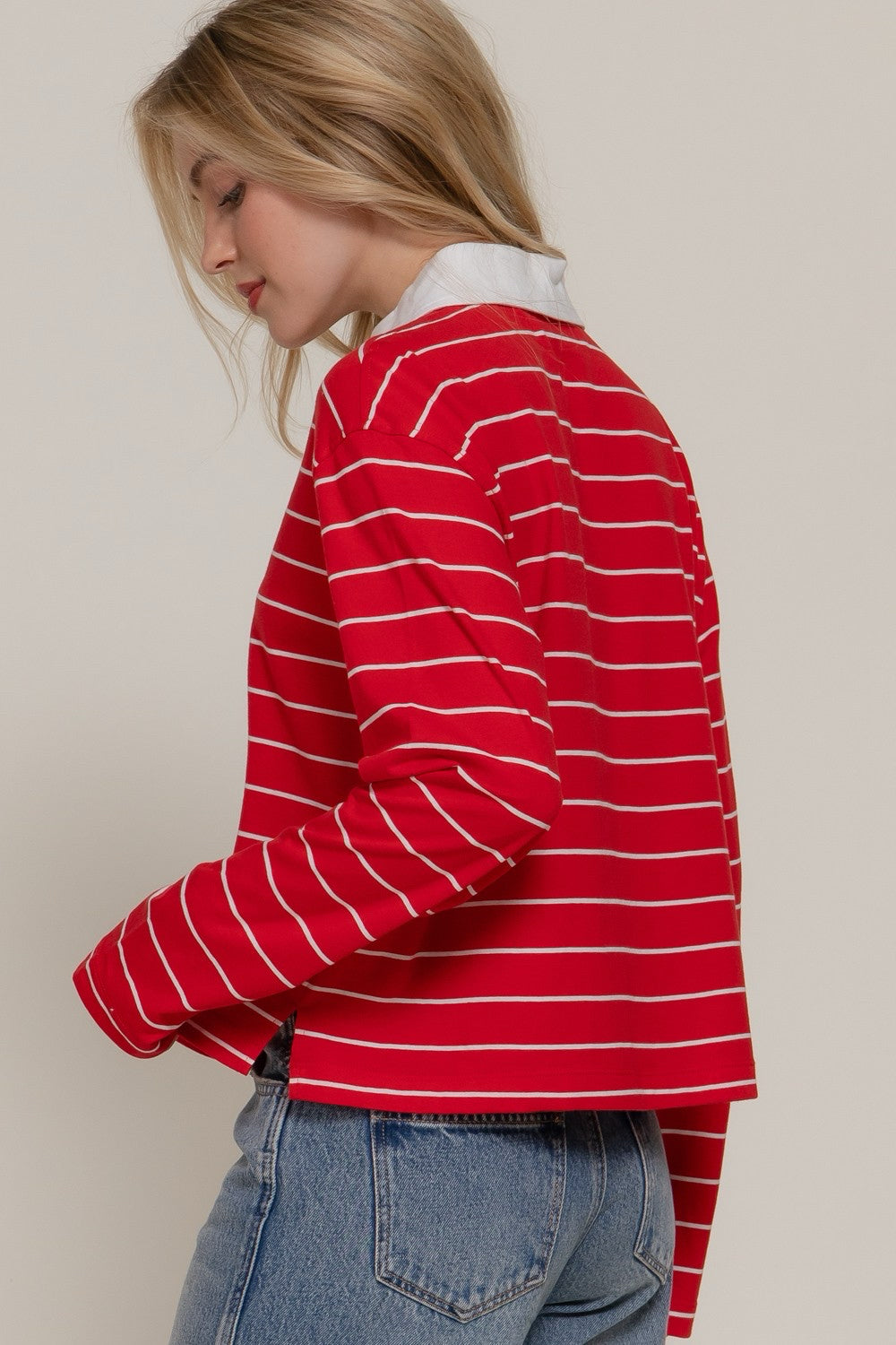 New ACTIVE BASIC Red White Pinstripe Long Sleeve Blouse