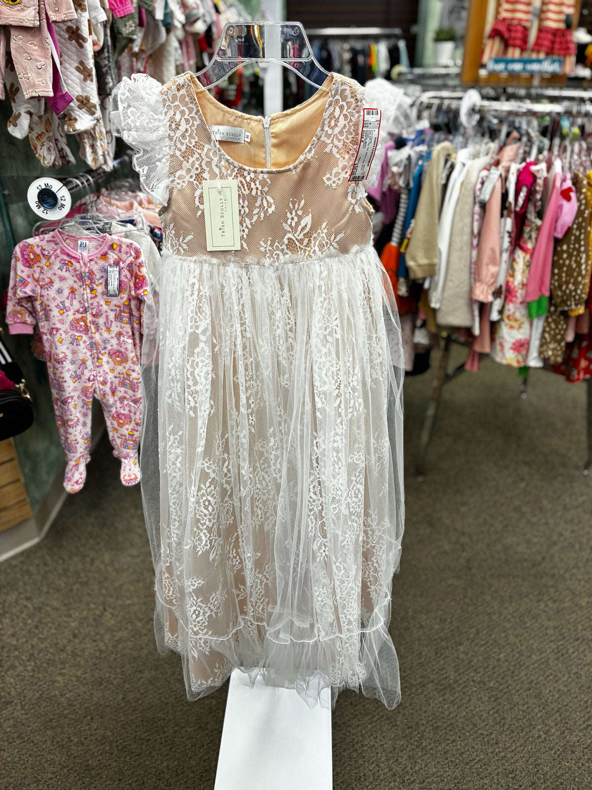 New with Tag TRISH SCULLY Tan White Lace GIRLS SZ: 8 Short Sleeve Girls Dress