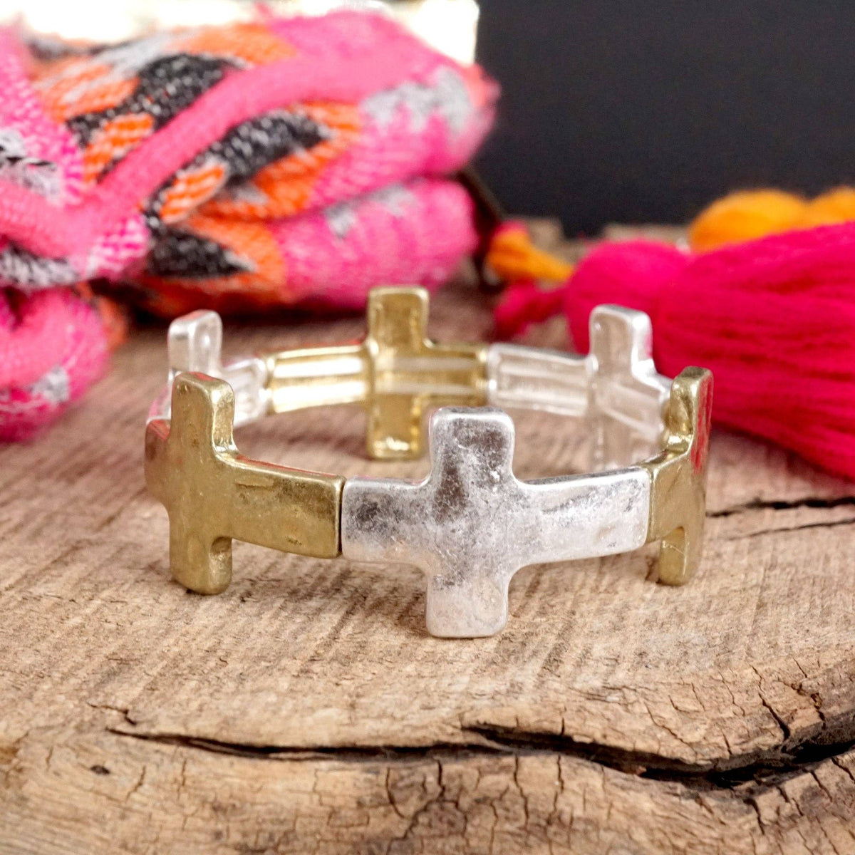 Hammered Sideways Cross Bracelet in Worn Silver Gold Tone Boho Style: Worn Gold Tone