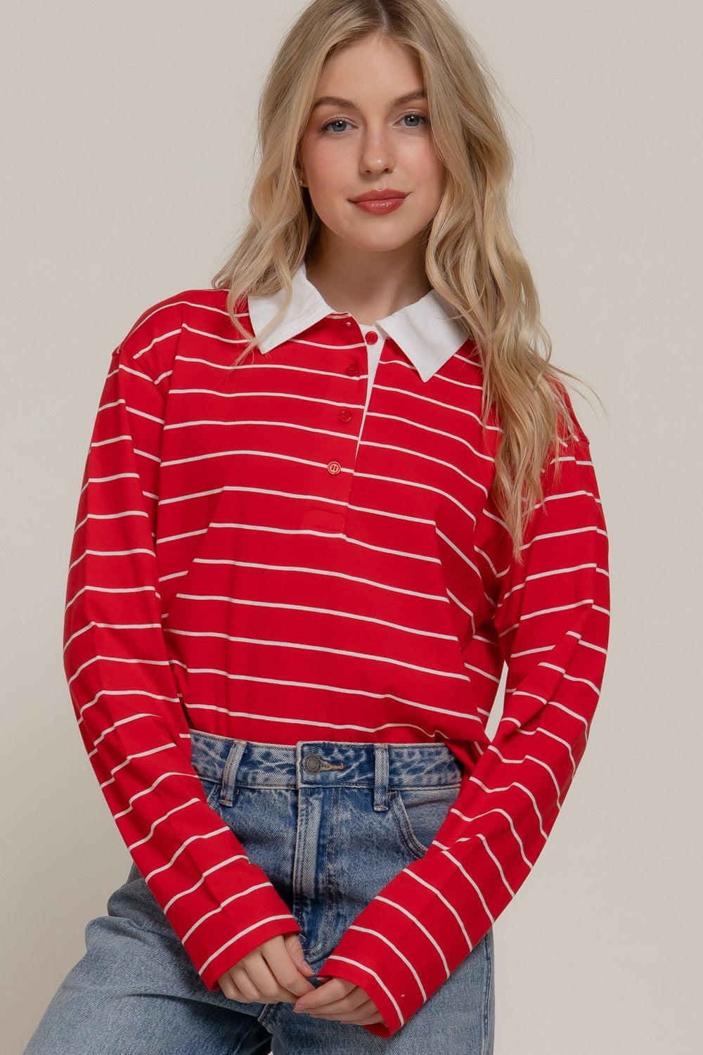 New ACTIVE BASIC Red White Pinstripe Long Sleeve Blouse