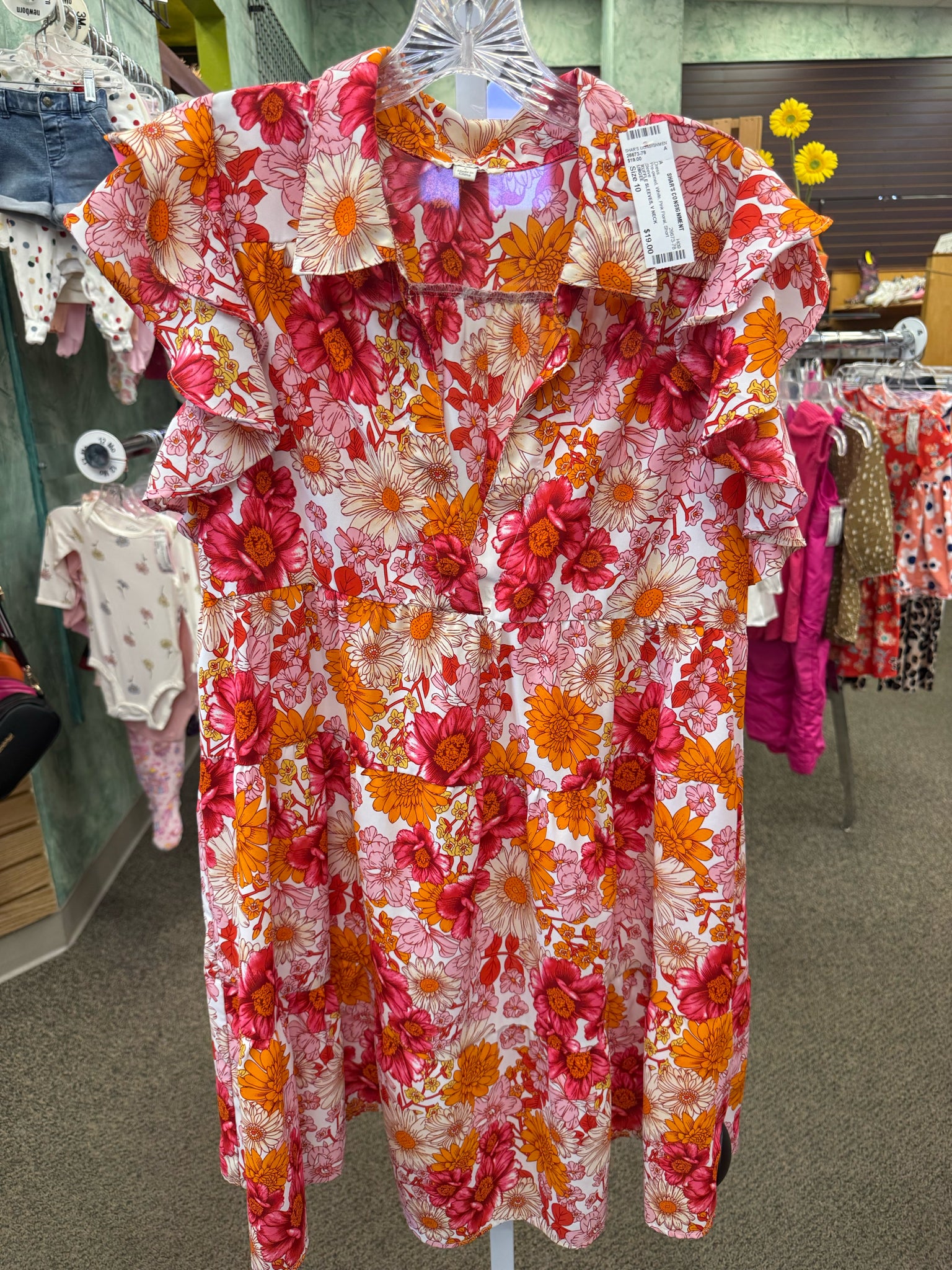 Pre-owned UMGEE White Pink Floral Size 10 Short Sleeve Dress