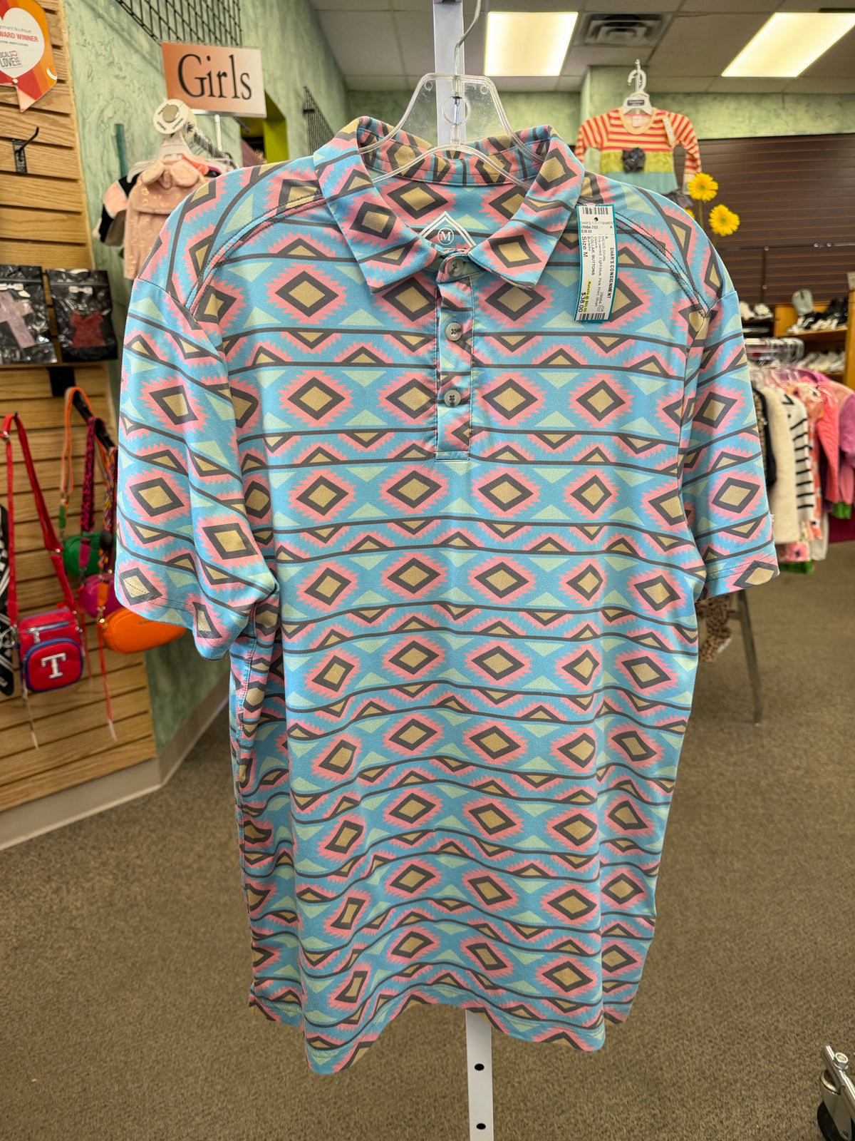 Pre-owned Burlebo Light blue Pink Print Men Size M Short Sleeve MENS Shirts