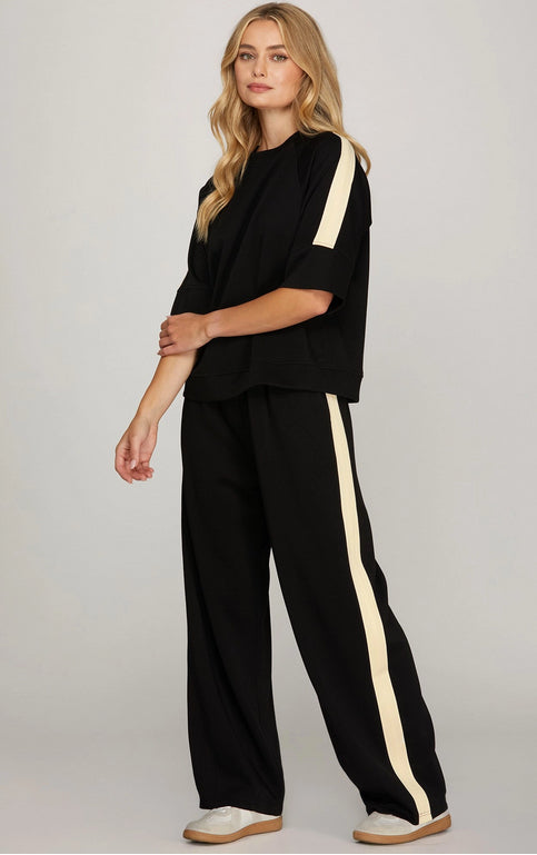 New SHE+SKY Black Cream Trim Dr Size S Short Sleeve PantSet