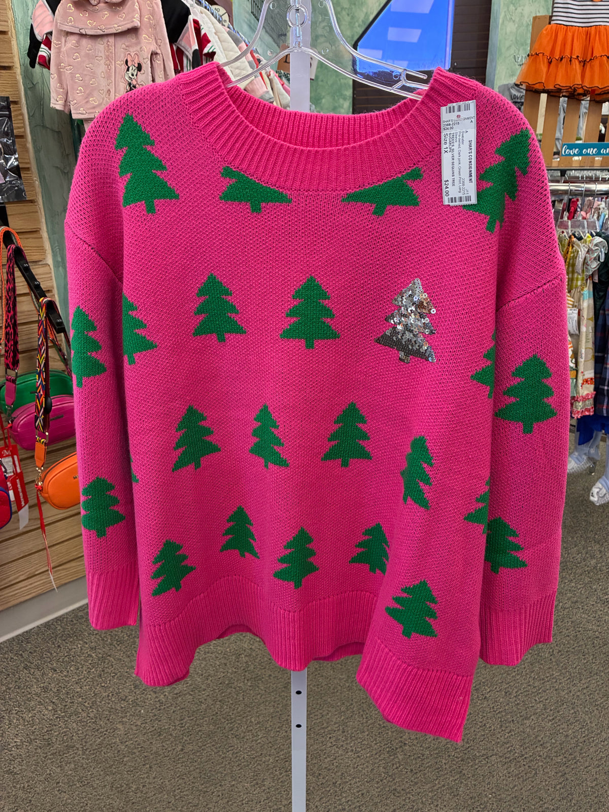 Pre-owned SUGARLIPS Dark pink Green Print Size 1X Long Sleeve Sweater