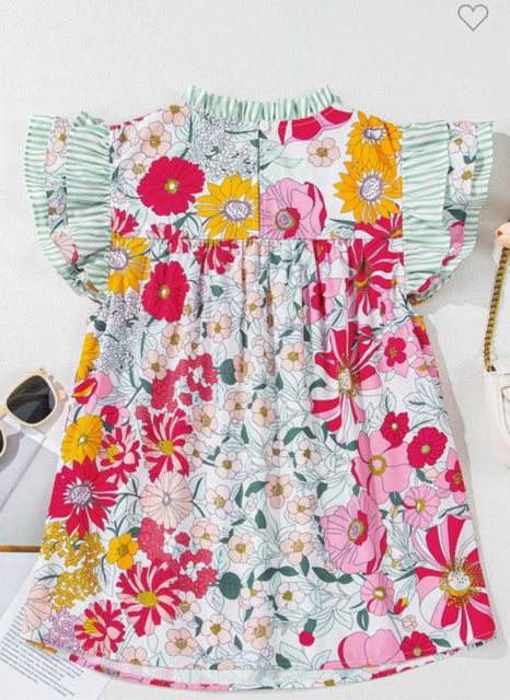 New FW Pink floral Green Stripe Trim Size S Short Sleeve Blouse