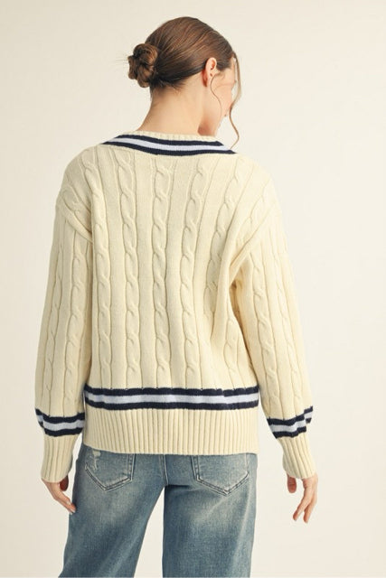 New JODIFL Ivory Blue Trim Size S Long Sleeve Sweater