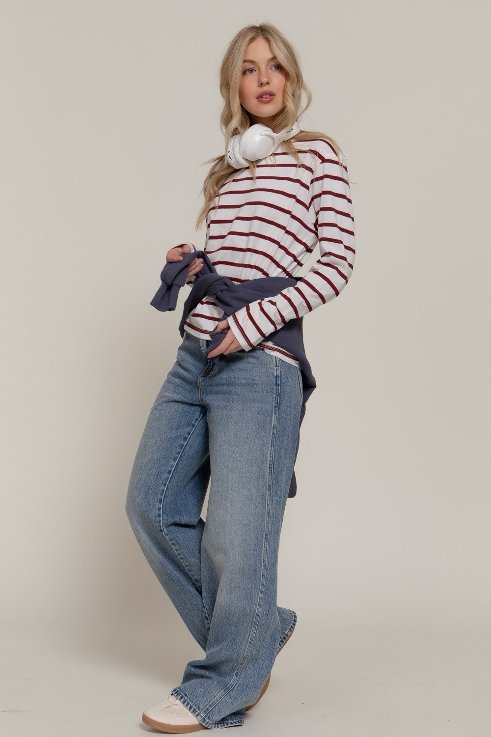 New ACTIVE BASIC Wine stripe Cream Size S Long Sleeve Tee