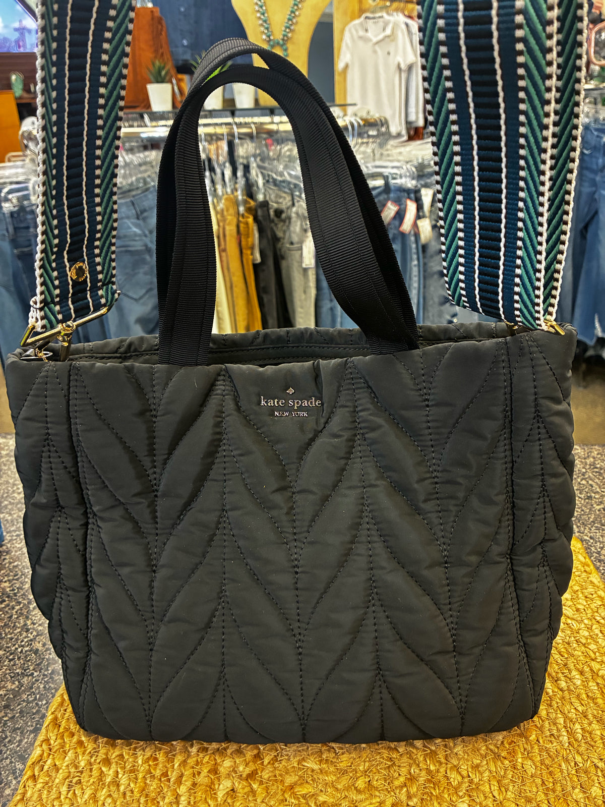 Pre-owned KATE SPADE Black Teal Print Tote Designer Purse