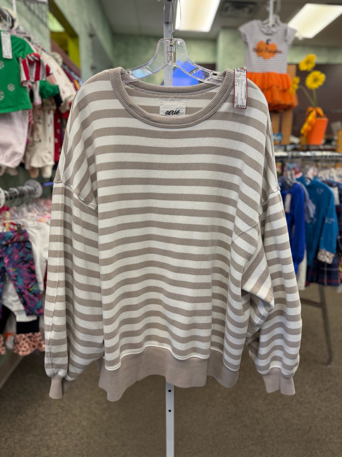 Pre-owned AERIE White Tan Stripe Size 1X Long Sleeve Sweatshirt