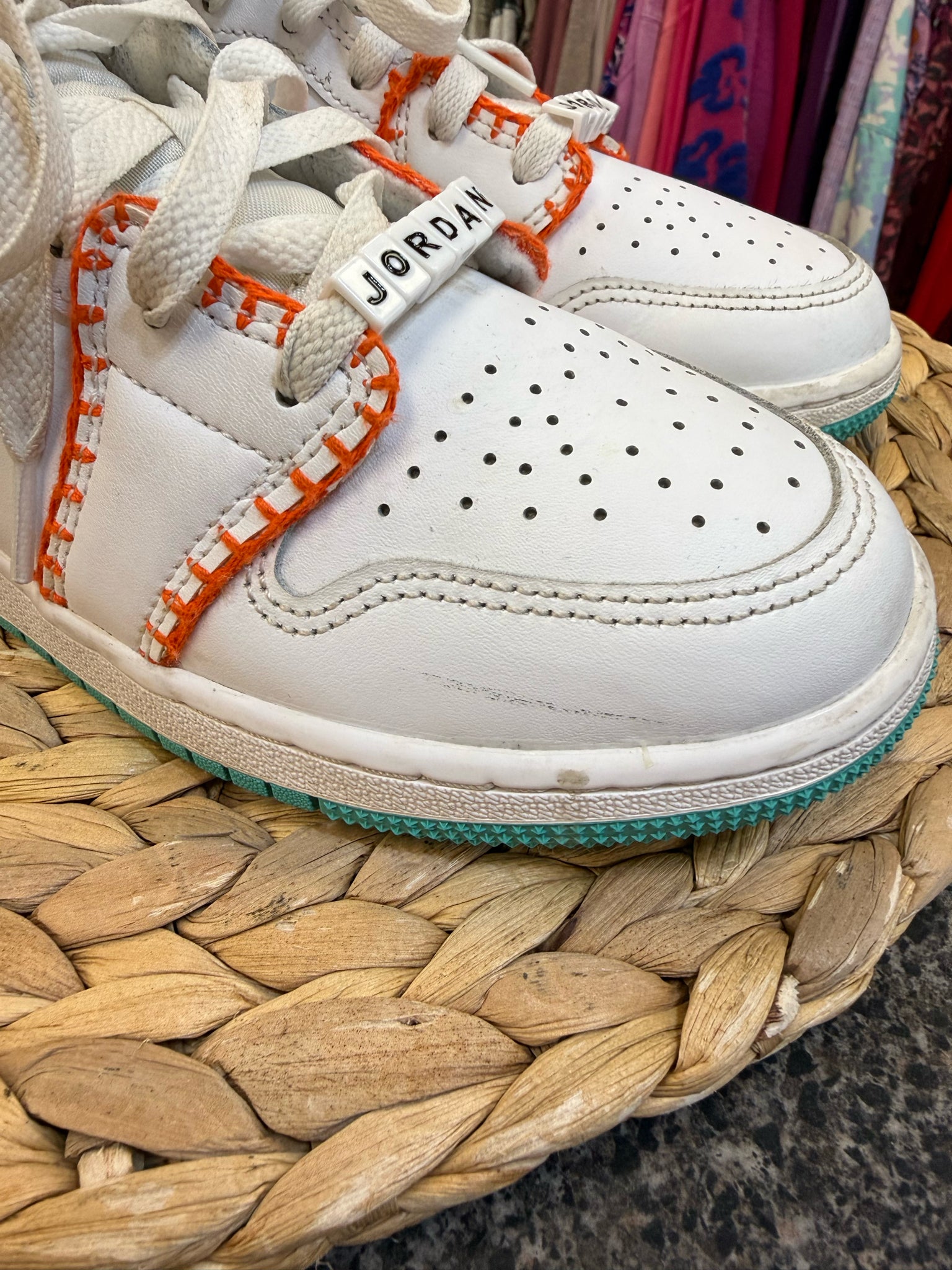 Pre-owned AIR JORDAN White Turquoise Shoe Size 4.5 GIRLS Designer Sneaker