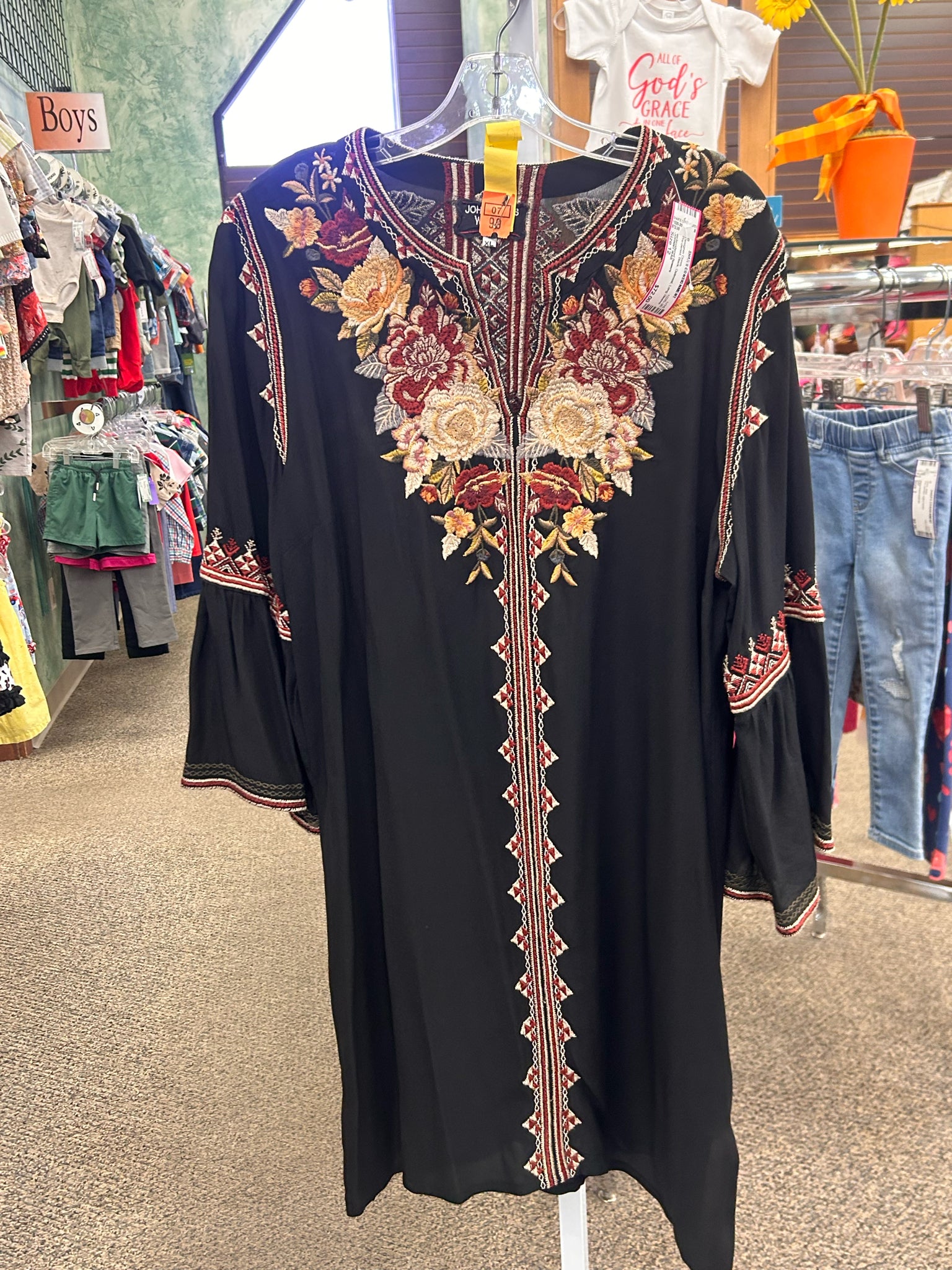 Pre-owned JOHNNY WAS Black Oatmeal Size 12 Long Sleeve Designer Dress