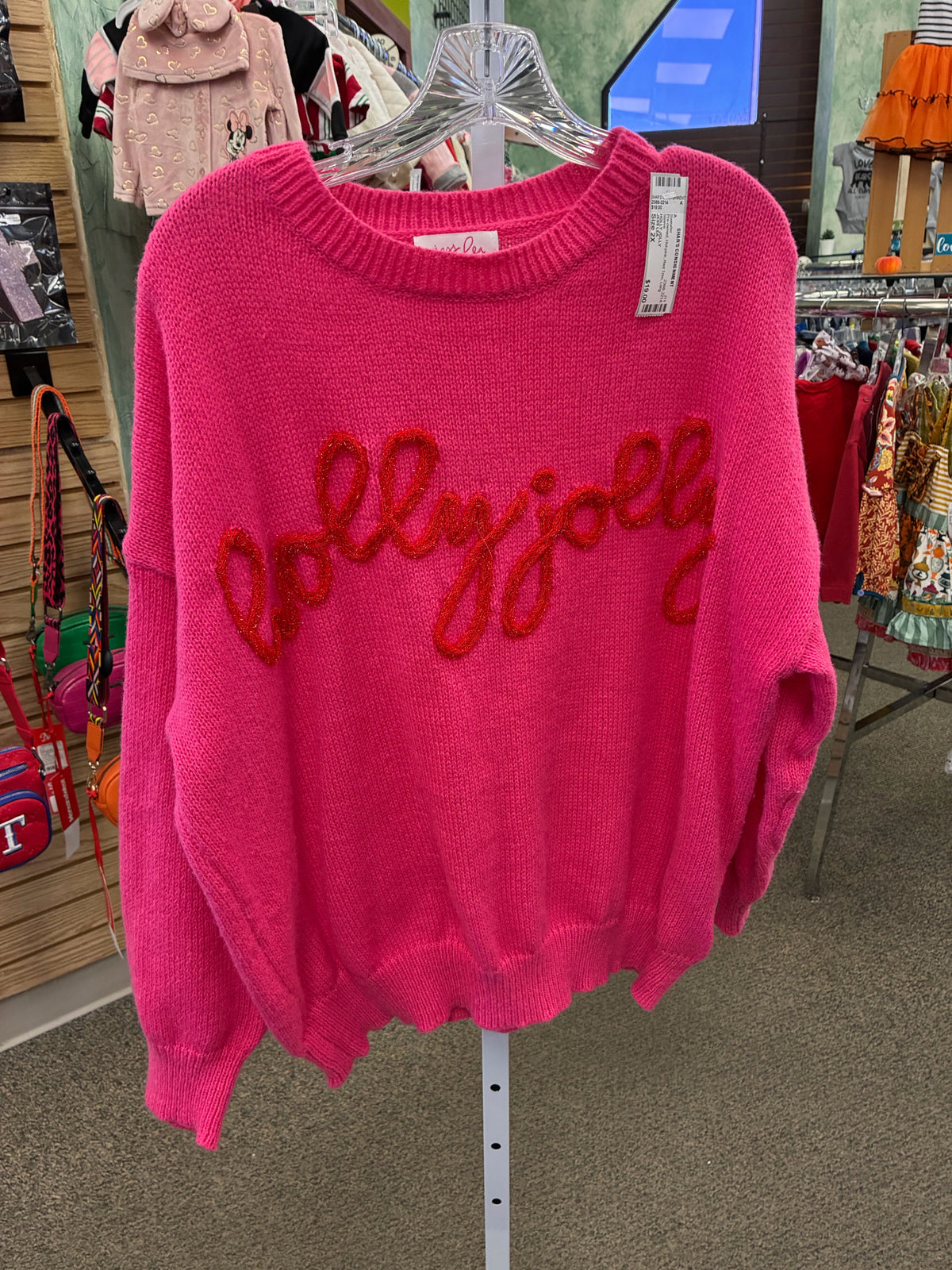 Pre-owned JESS LEA Hot pink Red Trim Size 2X Long Sleeve Sweater