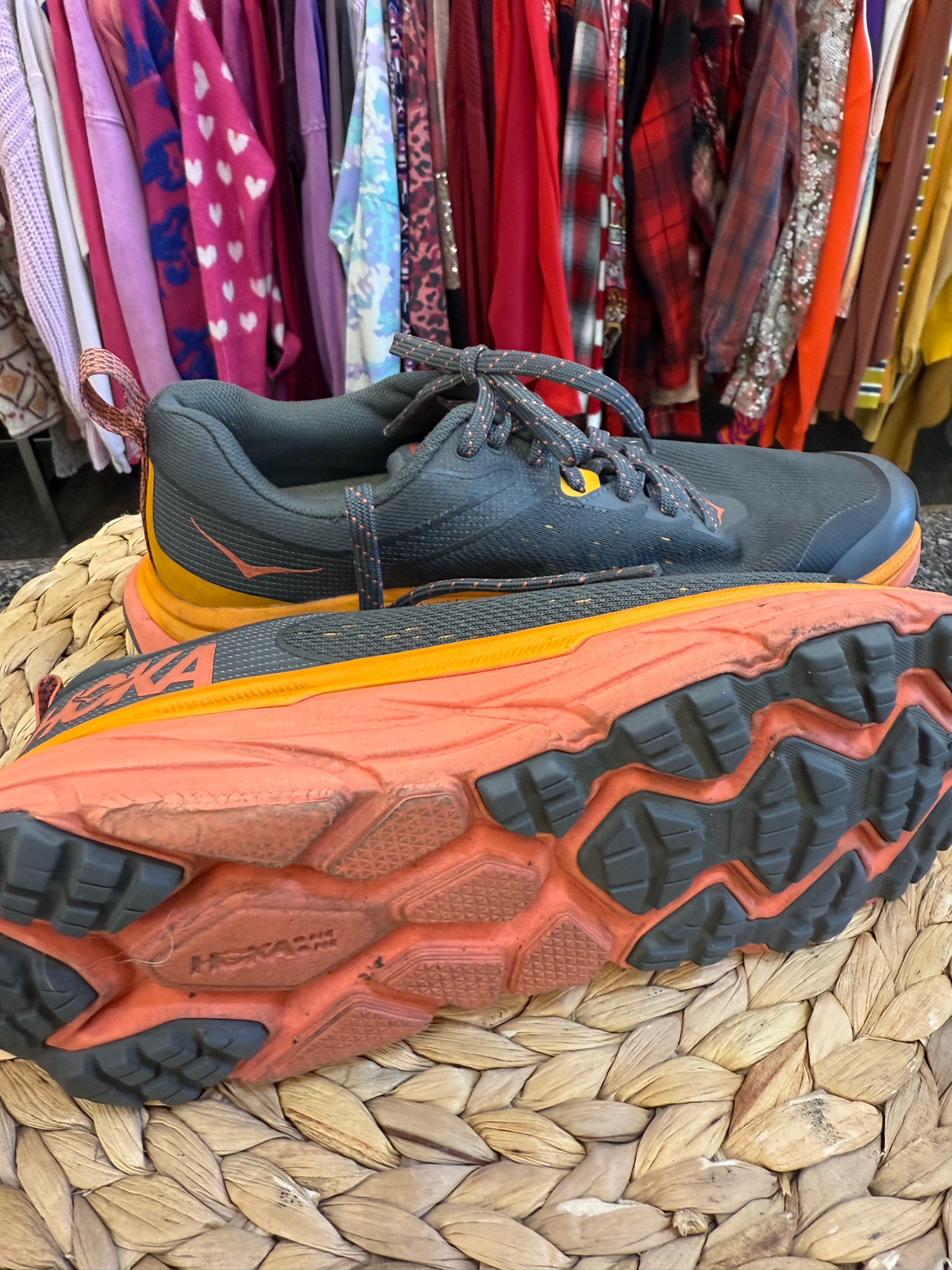 Pre-owned HOKA Gray Orange Size 7.5 Designer Sneaker