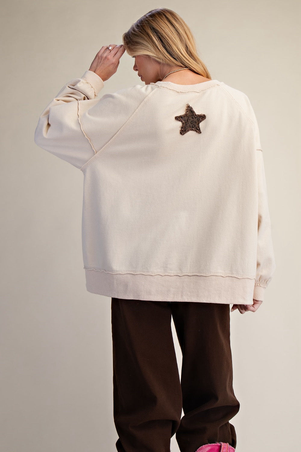 New EASEL Cream Denim Trim Size: S Long Sleeve Blouse