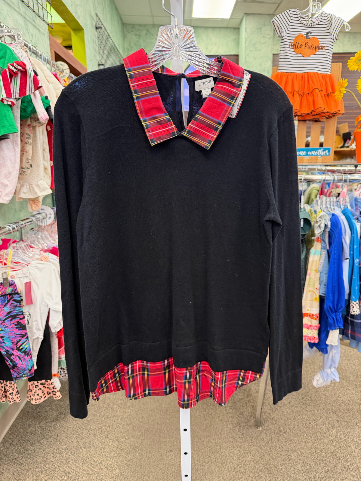 New with Tag J CREW Black Red Plaid Trim Size: M Long Sleeve Blouse