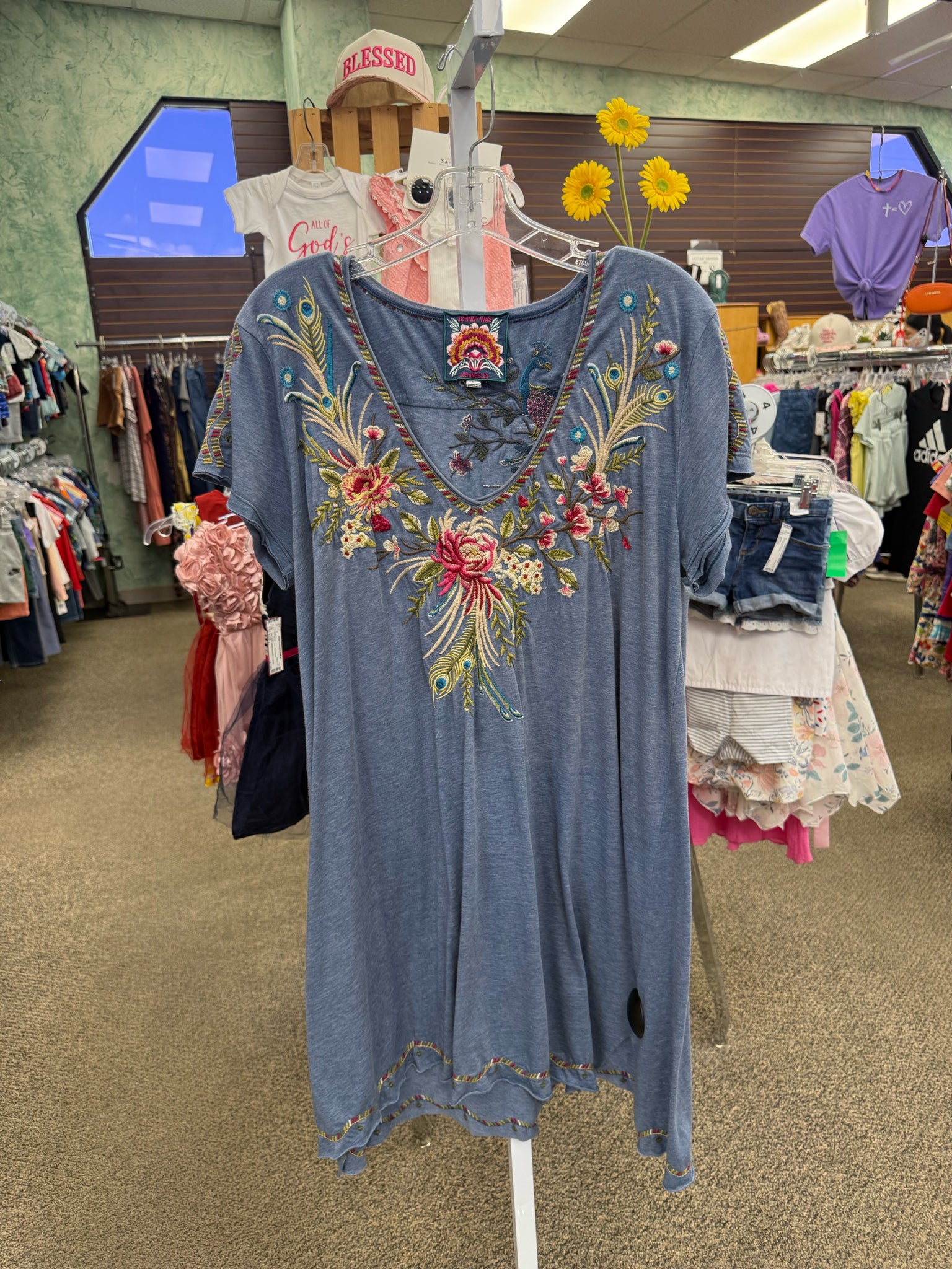Pre-owned JOHNNY WAS Blue Floral Size 10 Short Sleeve Designer Dress