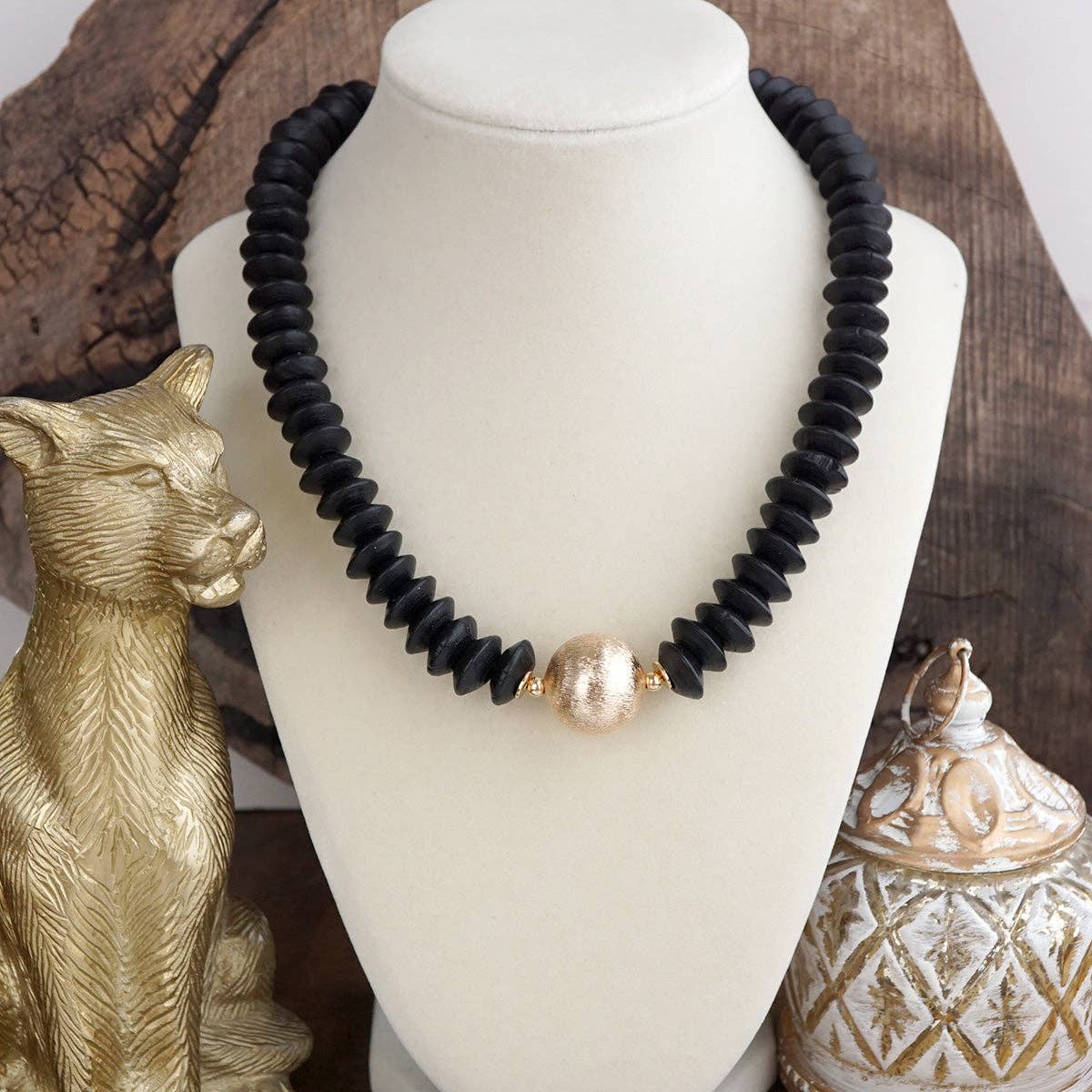 Wood Saucer Beads Short Statement Necklace Gold center Hot Pink Beige Turquoise: Black