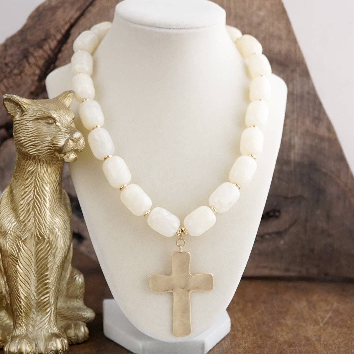 Chunky Statement Necklace – Acrylic Beads Gold Cross Necklace: Seaglow Amber