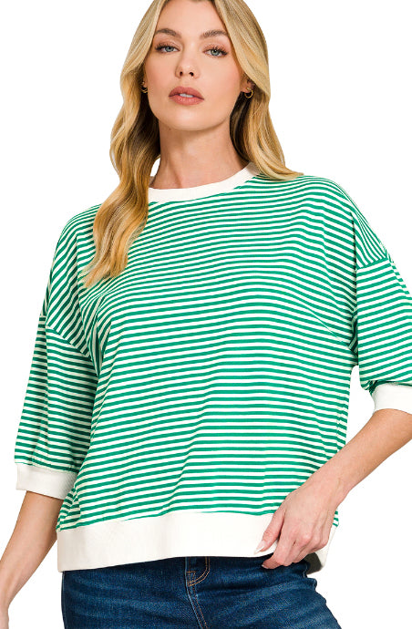 New Zenana Green stripe White Size S Quarter Sleeve Blouse