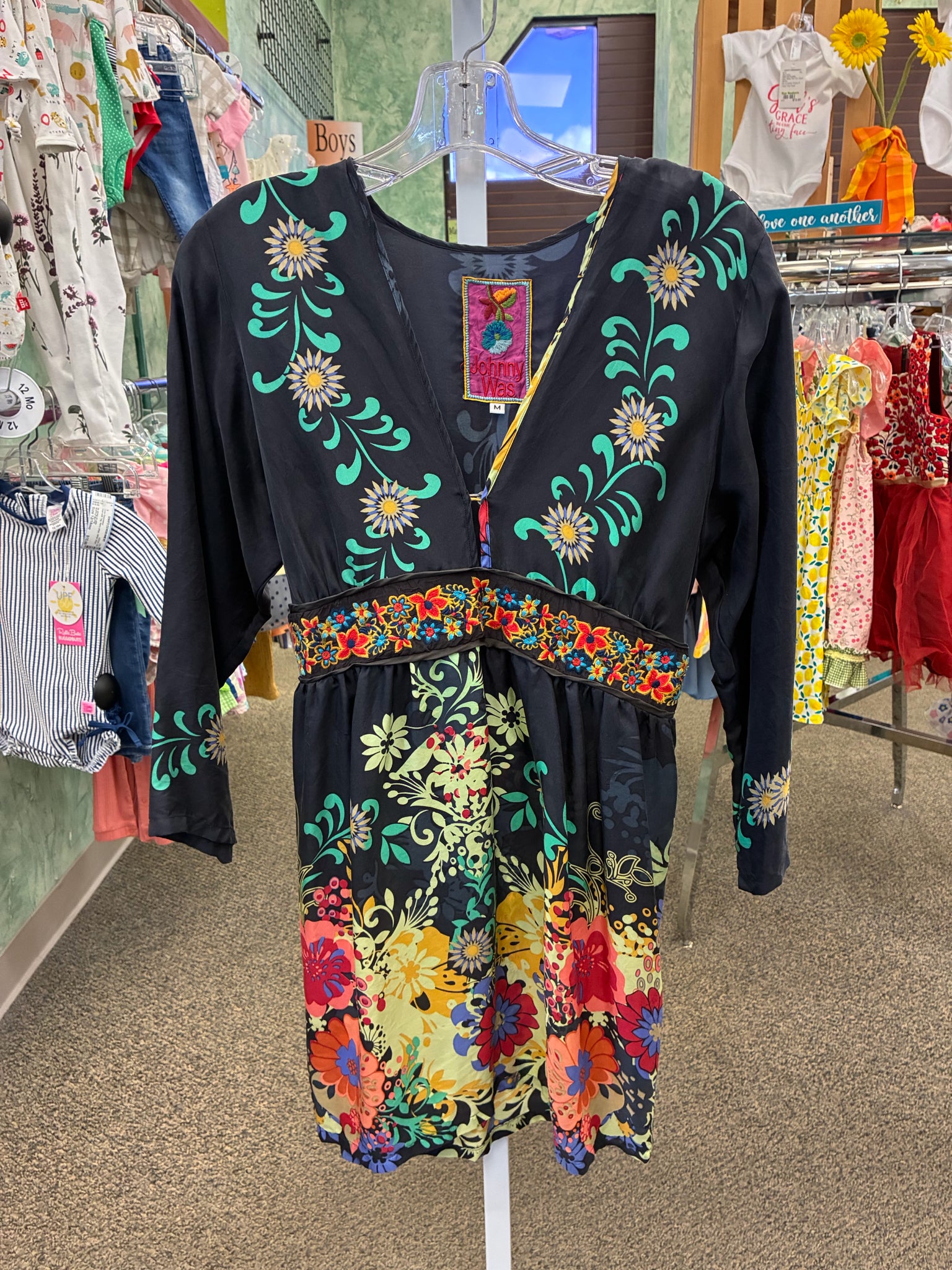 Pre-owned JOHNNY WAS Gray Multi Floral Size 8 Long Sleeve Dress