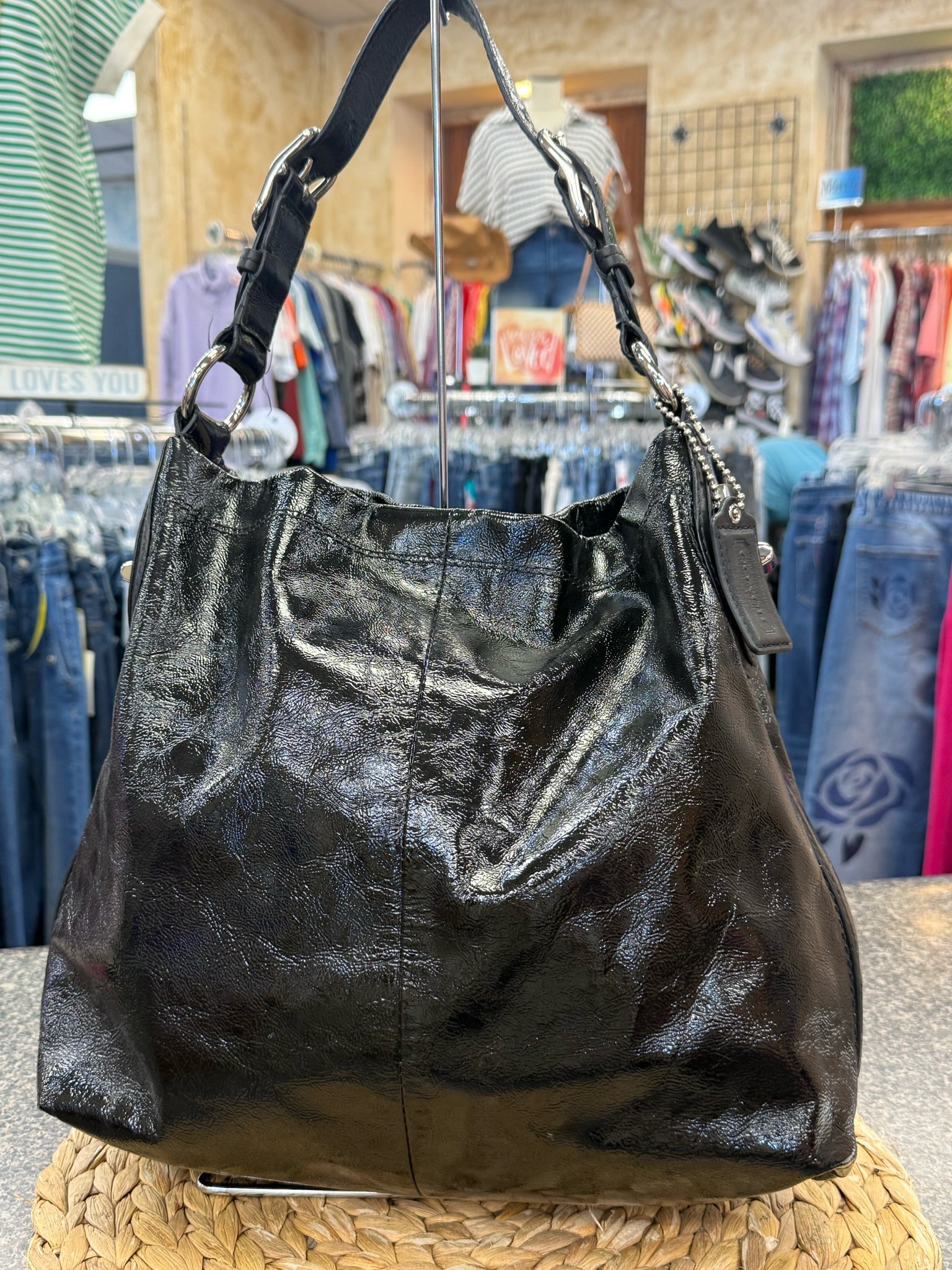 Pre-owned COACH Black patent Silver Shoulder Designer Purse