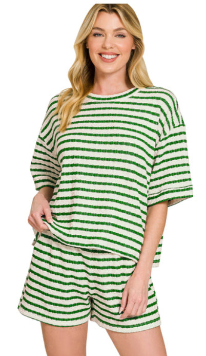 New Zenana Green stripe White Dr Size S ShortSet