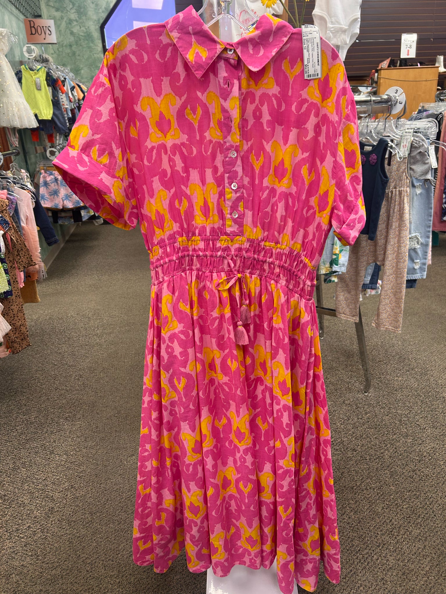 Pre-owned UNCLE FRANK Pink Yellow Print Size 10 Short Sleeve Designer Dress