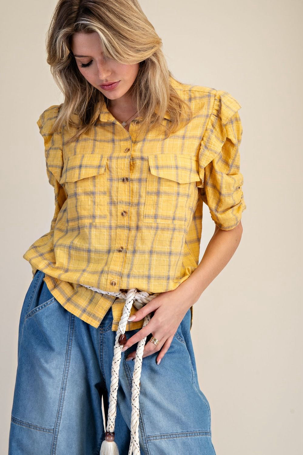 New EASEL Yellow print Size S Short Sleeve Blouse