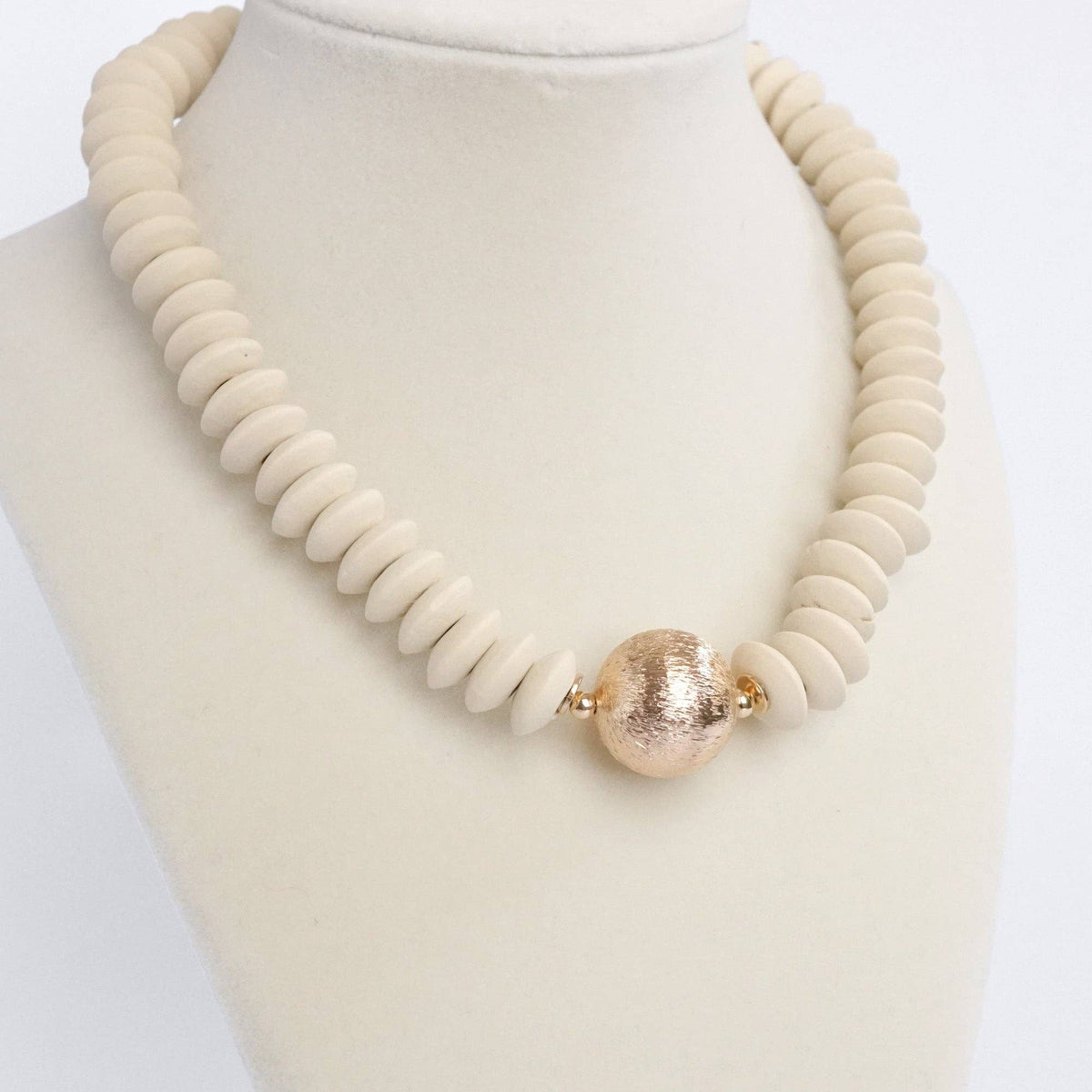 Wood Saucer Beads Short Statement Necklace Gold center Hot Pink Beige Turquoise: Black
