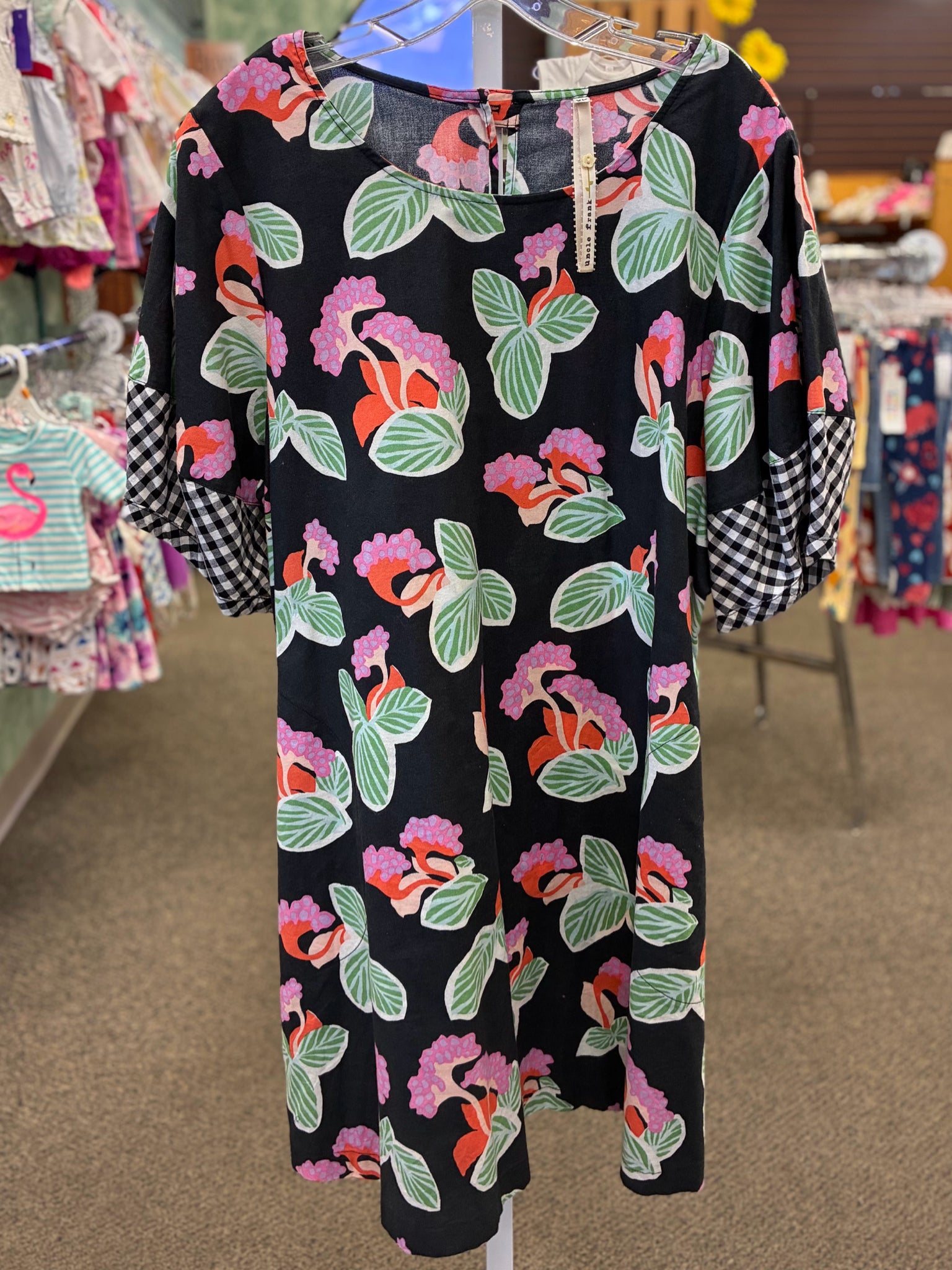 Pre-owned UNCLE FRANK Black Green Floral Size 14 Short Sleeve Dress